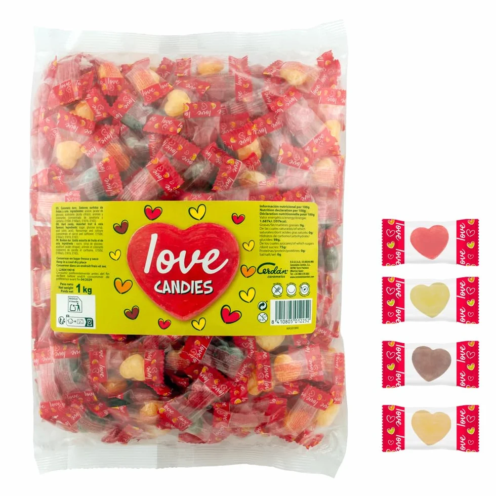 Caramelos Cerdán Caramelos con Forma de Corazón Love 333 Uds Bolsa 1Kg Sabores Surtidos Sin Gluten