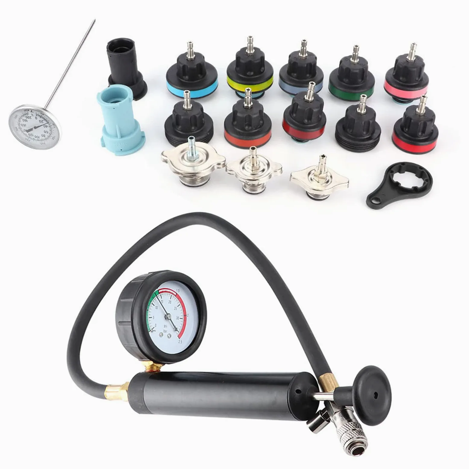 Kit de Probador de Fugas de de Refrigeración de Coche Preciso de 18 Piezas, Probador de Radiador, Detector de Fugas de Tanque de Agua para Uso en Taller de Garaje, Duradero y Resistente