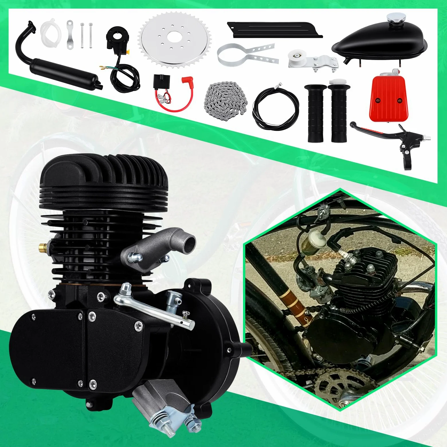 2 Tiempos Kit Motor Bicicleta 100cc Gas Motorizado Motor Kit de Conversión de Bicicleta Negro