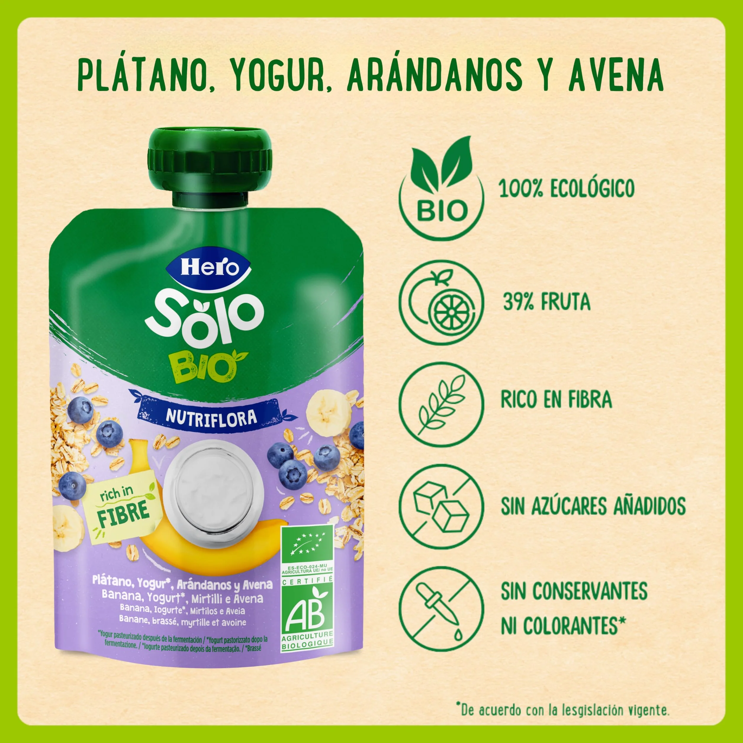 Hero Solo Bolsitas Ecológicas de Plátano Arándanos Yogur Avena Fibra Sin Conservantes Aditivos Aceite Palma Azúcares Añadidos 6 Meses Pack 18 x 100 g