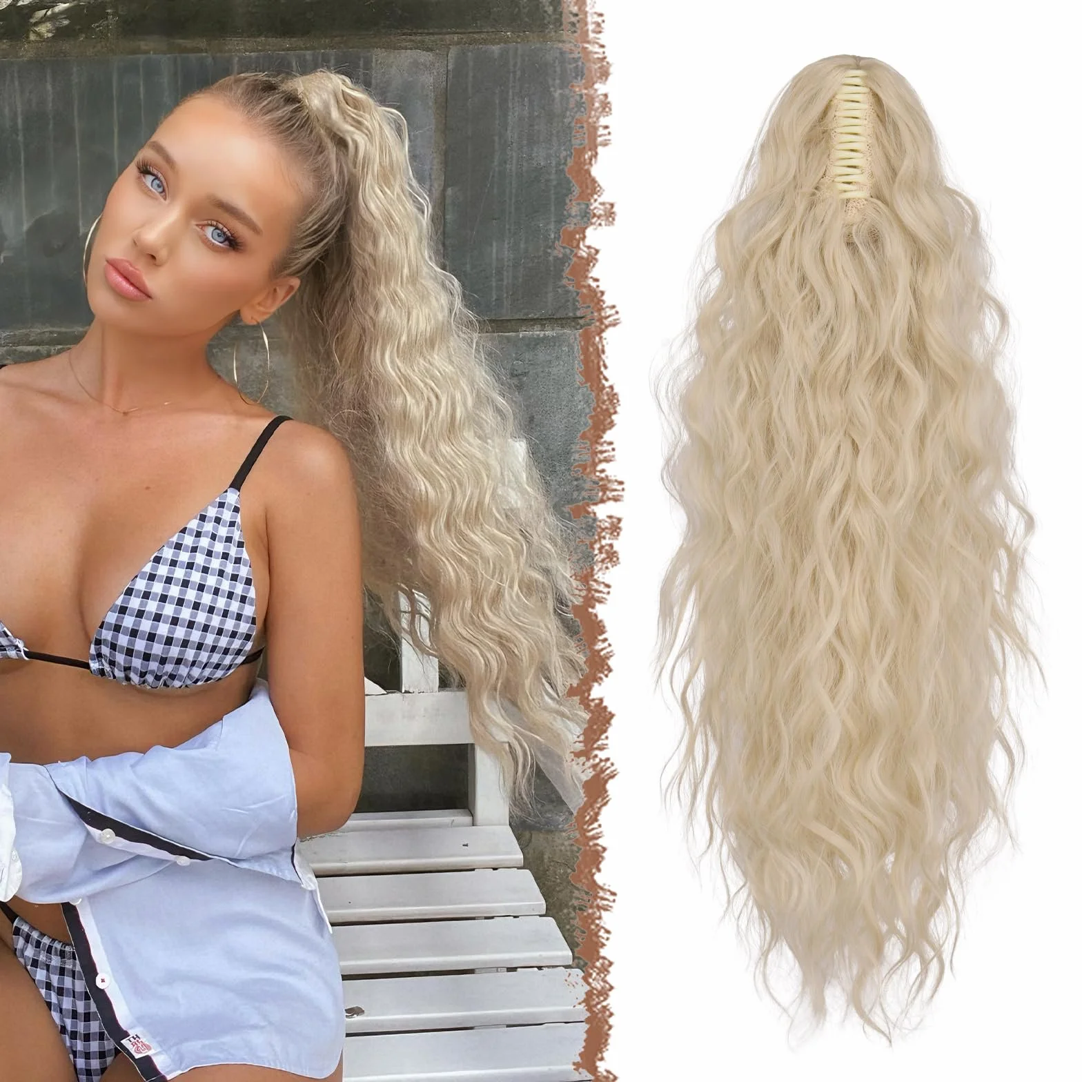 FESHFEN Coleta Postiza Pelo Natural 65 cm Rubio Platino Ondulado Rizado con Pinza