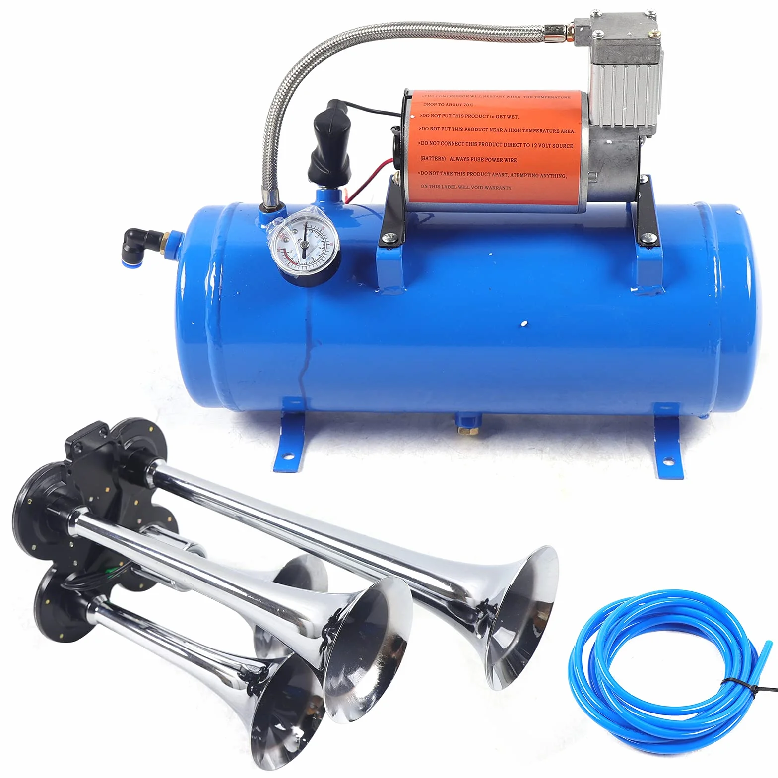 Horn Air Horn Kit 12V 4 Trompeta Portátil Air Compresor de Aire Tren 150dB con 6L para Coches Camiones Barcos Motocicletas