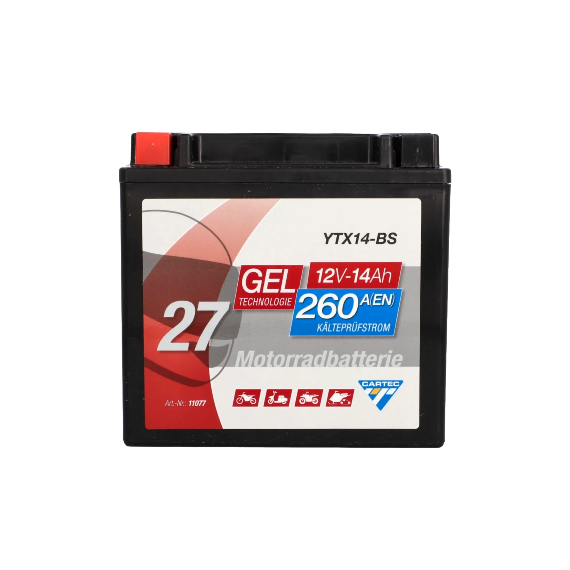 CARTEC Batería de motocicleta YTX14-BS 14Ah 260A Gel Negro