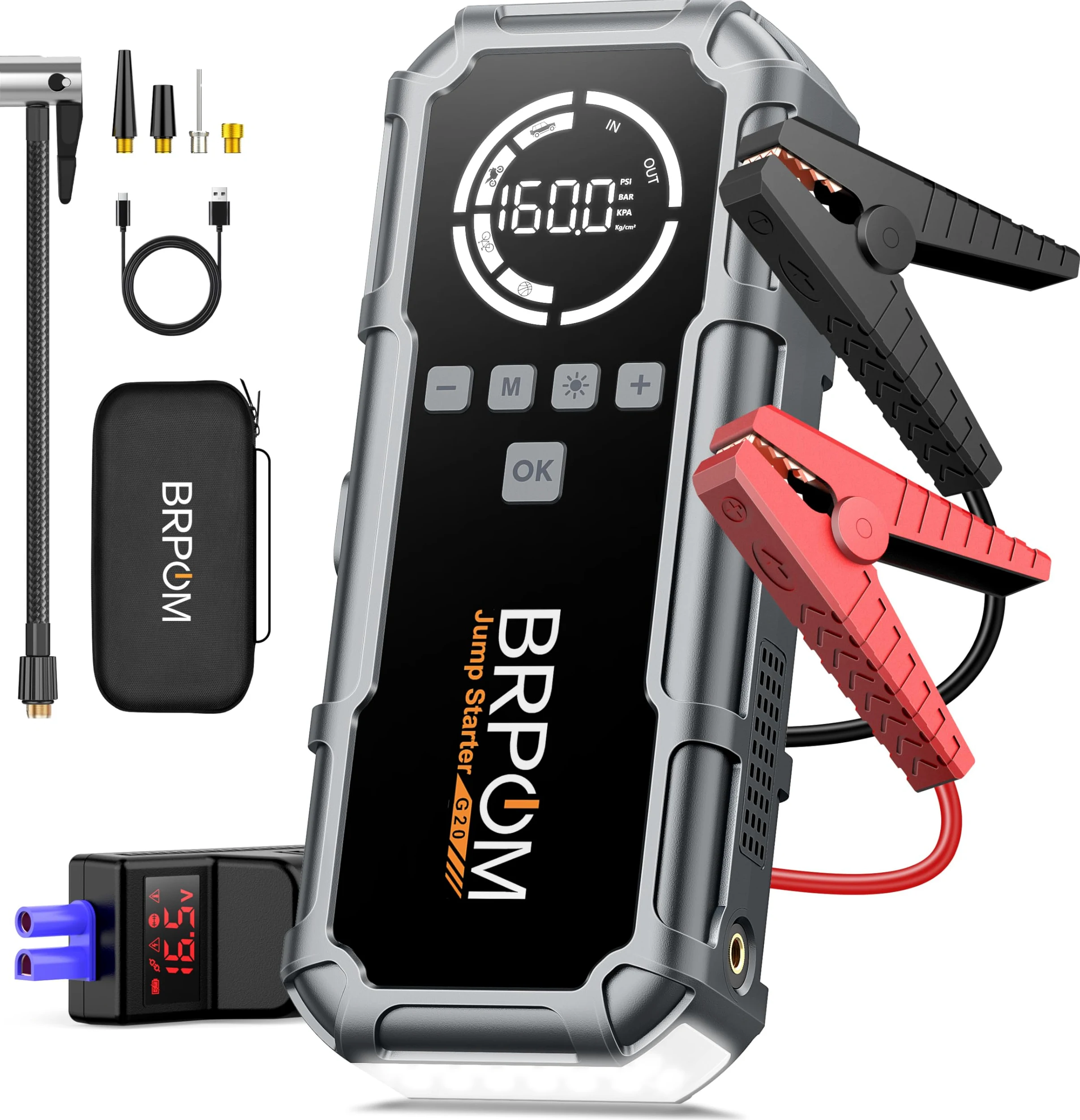 BRPOM Arrancador de baterías de Coche 8000 A con compresor de Aire 160 PSI, 12 V, para Motores Gasolina y diésel hasta 12 L, 26800 mAh, Pantalla LCD de 3,2 Pulgadas y luz LED 600 LM