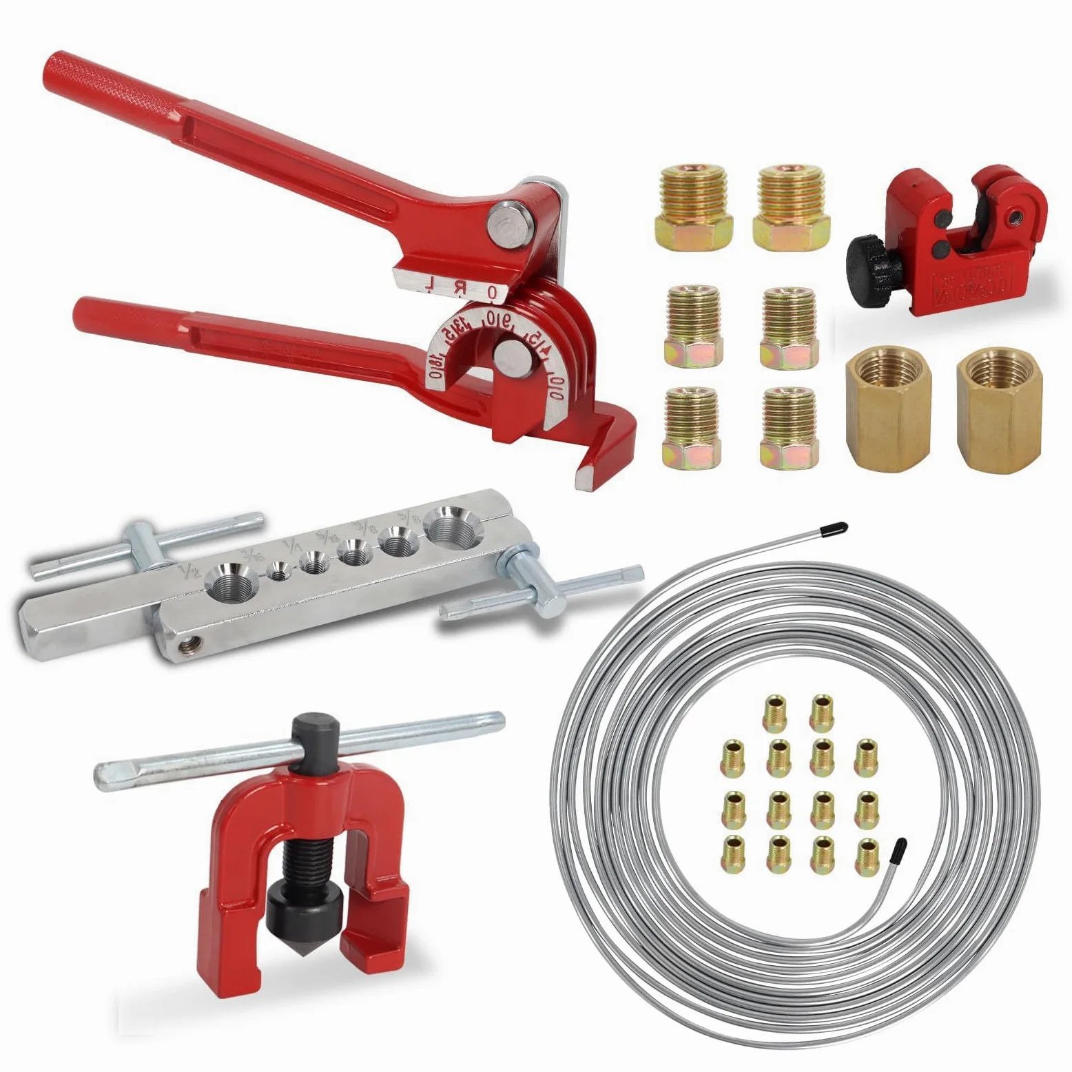 Kit de Herramientas para Cable de Freno, Incluye Cable de Cobre Plateado de 7.6m*4,76 mm con Conector y Doblador, Herramienta de Crimpado con Cortador, 26PCS