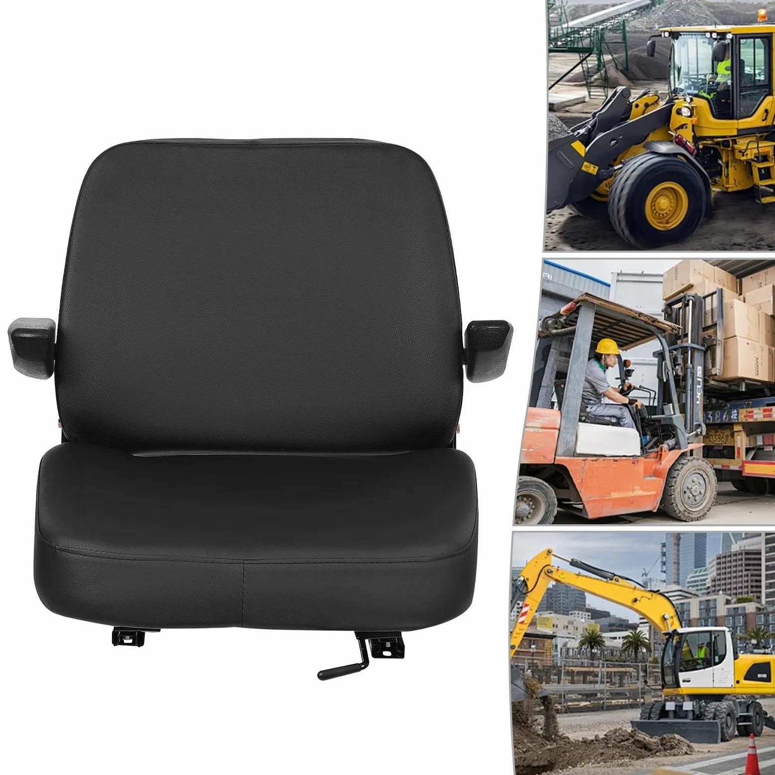 Asiento de tractor universal con reposabrazos, asiento de remolque ajustable, asiento de conductor de cuero de PVC para tractores, cortacésped, carretillas elevadoras, excavadoras - negro