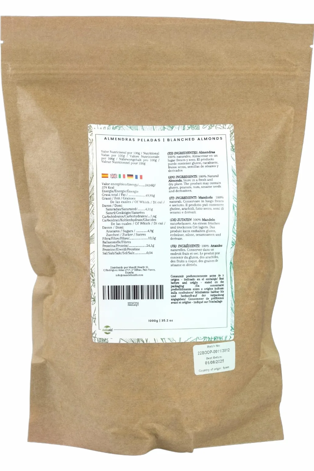Almendra cruda sin piel Española NATUVID 1Kg Vegana