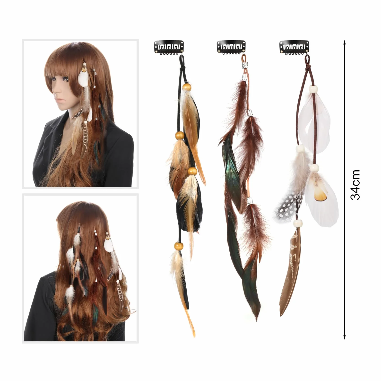Pluma Indio Clips de Pelo Extensiones de Cabello Bohemio Hippie para Mujeres Festival Decoracion