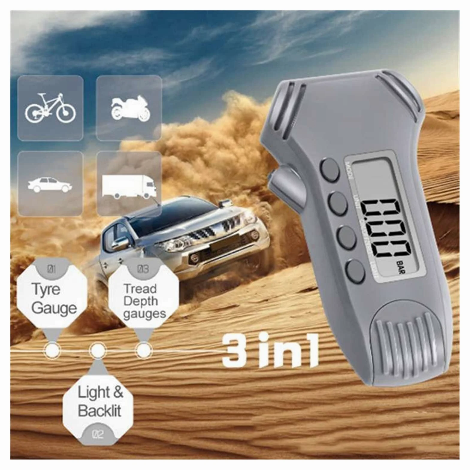Medidor de presión de neumáticos Digital 3 en 1 de 0-20 mm con Caja de ABS Calibración automática Medidor de Profundidad de la Banda de Rodadura de presión de neumáticos de automóviles