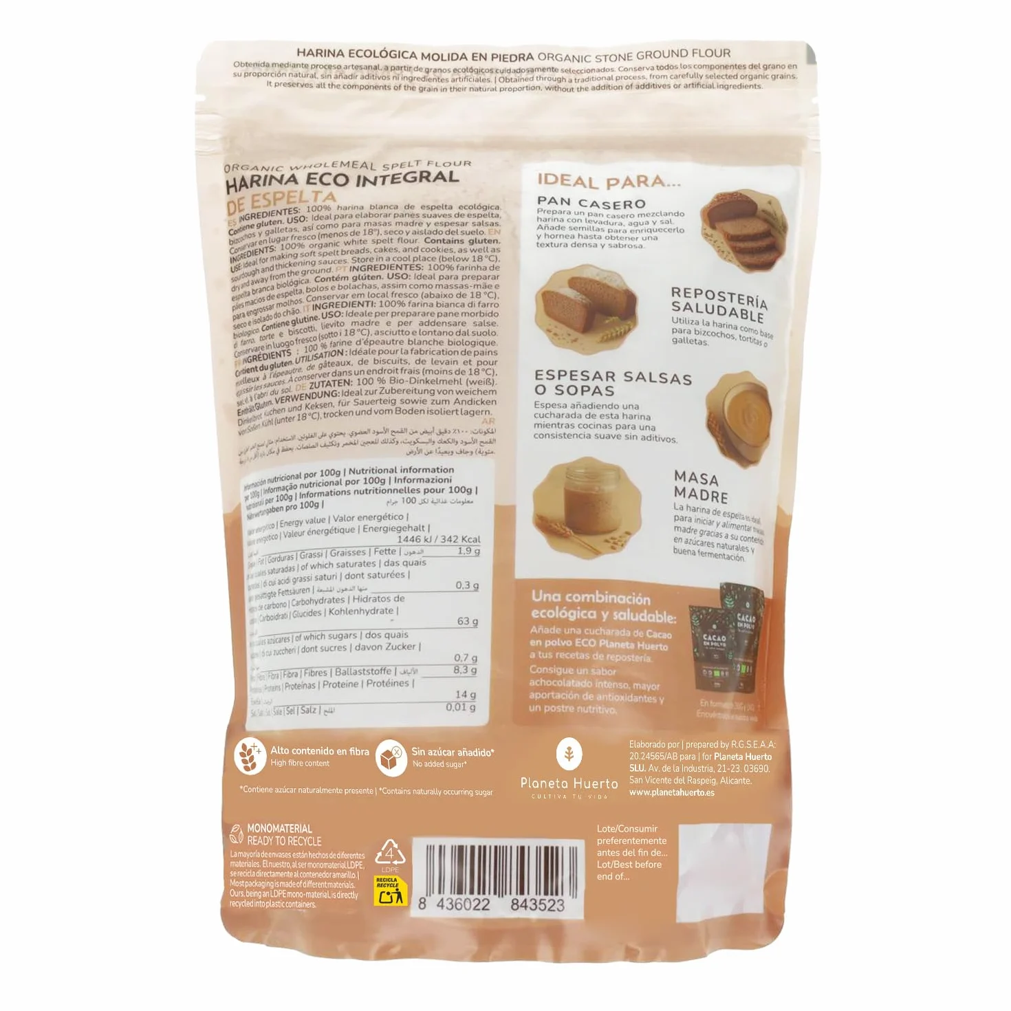 Harina Integral de Espelta Eco 800 g – Ecológica, Rica en Fibra y Nutrientes
