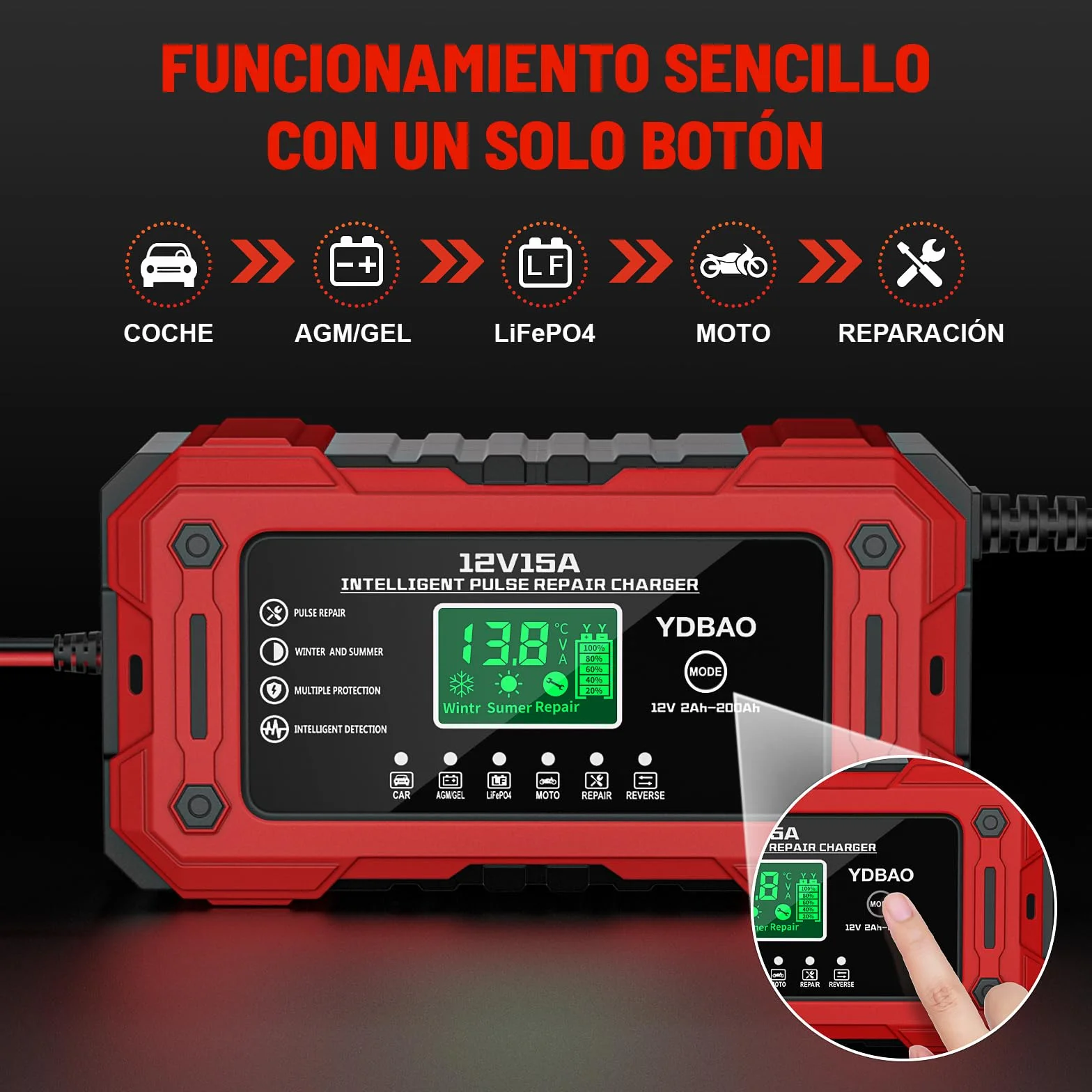 YDBAO 12V 15A Cargador de Batería de Coche Cargador Baterias Coche y Moto Inteligente con Reparación y Pantalla LCD y Múltiples Protecciones Cargador bateria para Coche Moto AGM SLA Gel LiFePO4