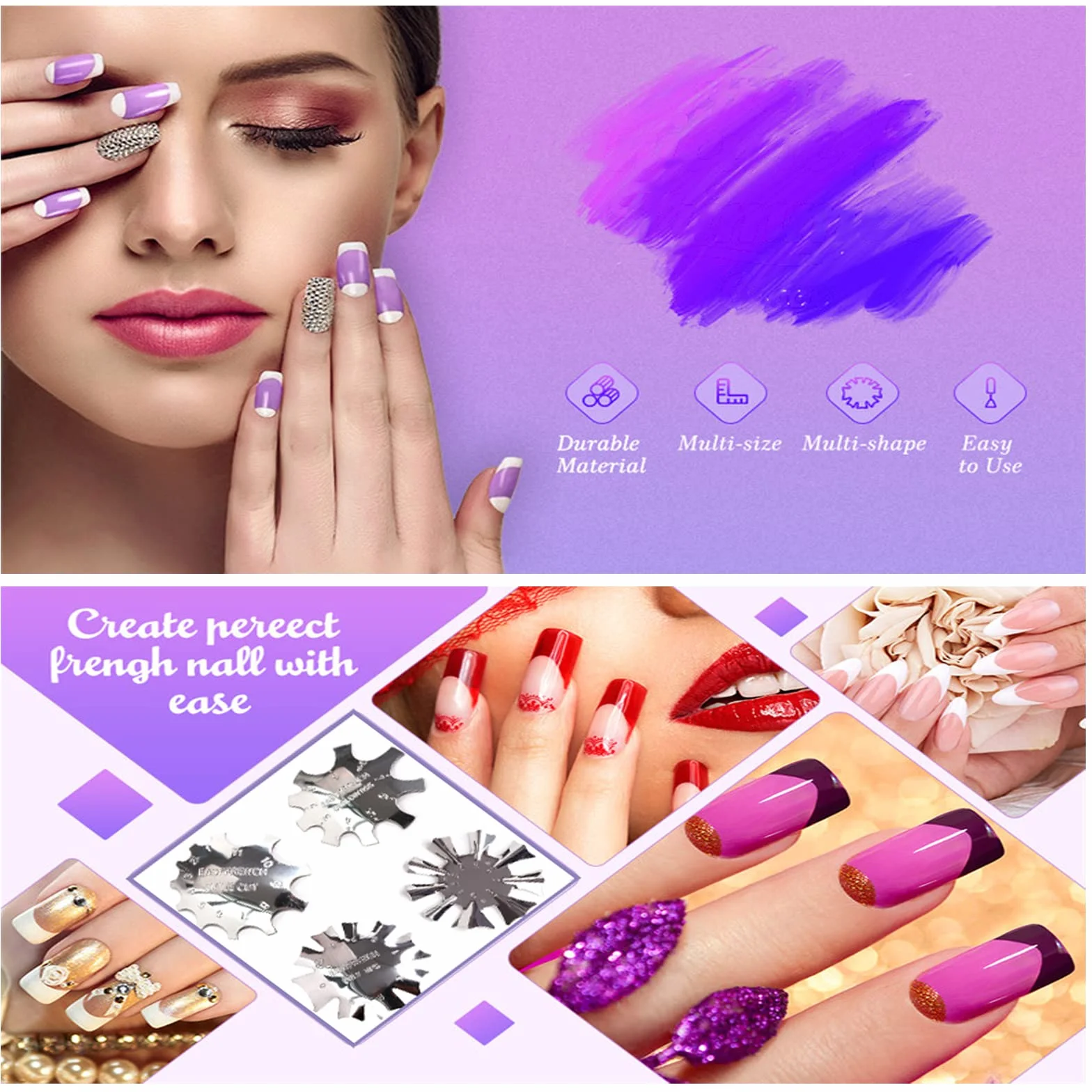 French Smile Line Edge Trimmer Cutter 4 Piezas, Nail Art Metal Plantilla Cutter Acrílico UV Gel, 4 Formas Plata