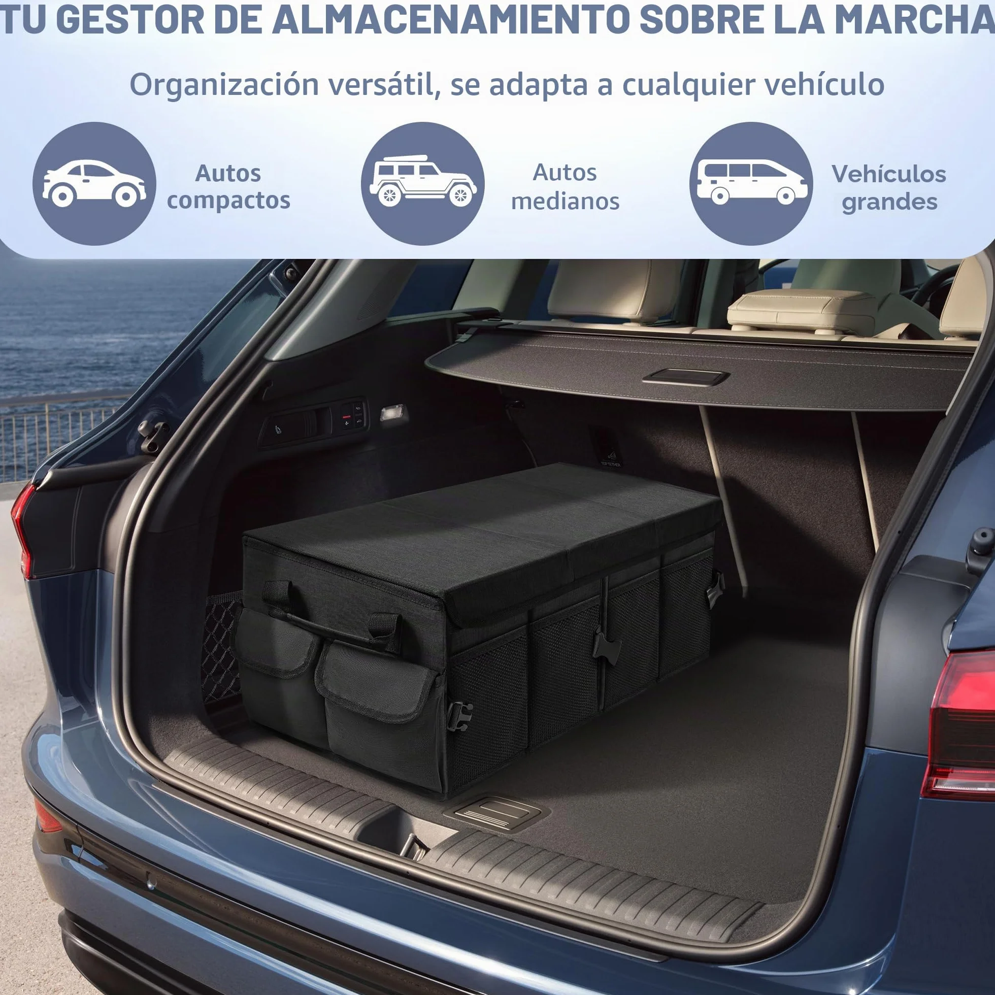 Organizador de maletero, bolsa plegable para maletero con tapa, organizador de maletero para automóvil con divisores extraíbles, equipado con base antideslizante y cierre de velcro, bolsillos