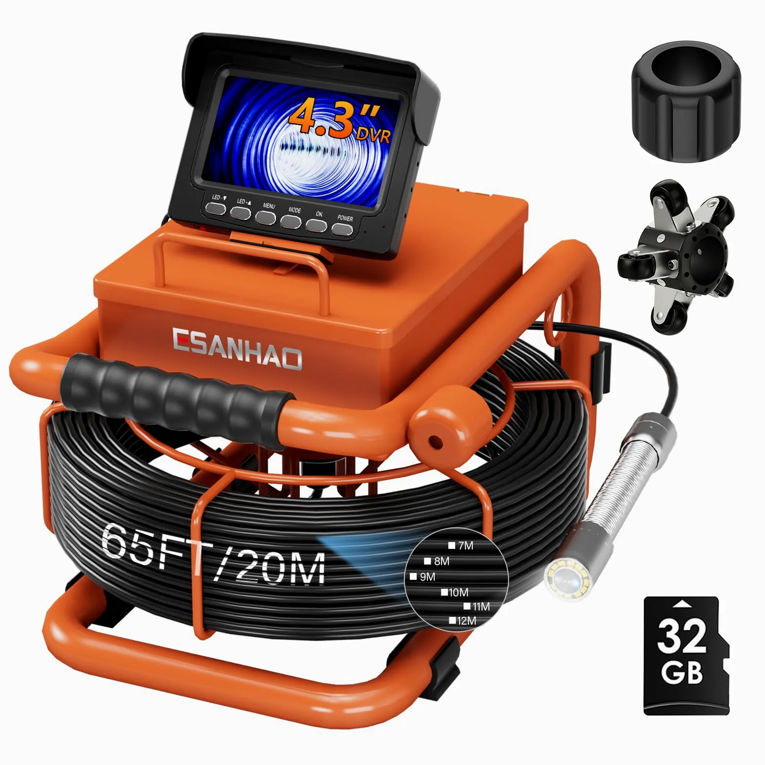 Cámara de Inspección de 20/30m con DVR, Cámara para Inspección de Tuberías de Alcantarillado con Grabador de Audio, Batería de 5600 mAh, 12 Luces LED Ajustables, Tarjeta de 32GB Incluida (20M)