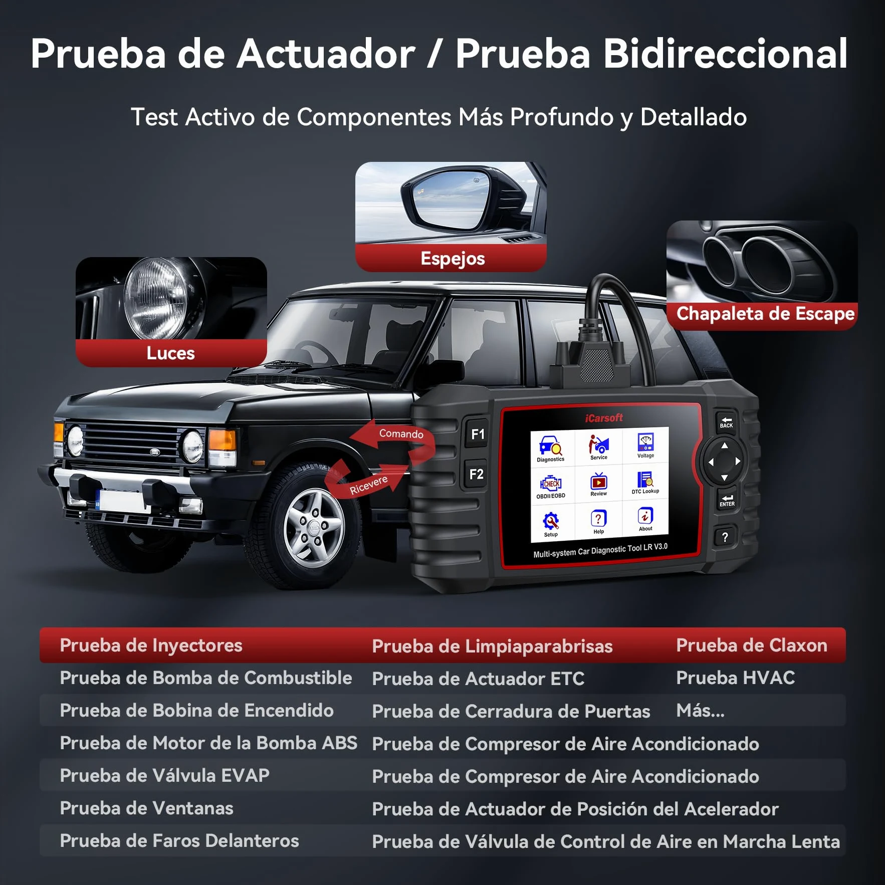 iCarsoft LR V3.0 OBD2 Máquina Diagnosis Coche para Land Rover/Jaguar, Bidireccional Escáner de Todo el Sistema, 37+ Funciones Reinicio, Prueba de Batería, Vin Automático, Actualizaciones de por Vida