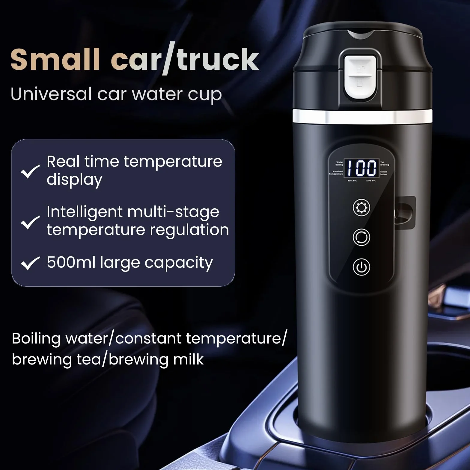 PORFOYO Hervidor de agua para coche, 12 V, minihervidor de café, 500 ml, negro, hasta 100 ℃, control de temperatura variable para camiones, viajes, camping
