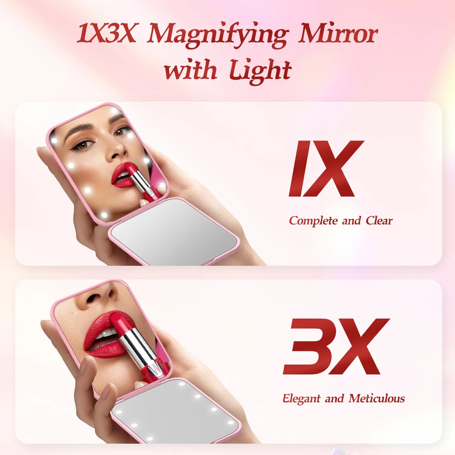 Espejo portátil con luz LED 1x/3x plegable maquillaje rosa