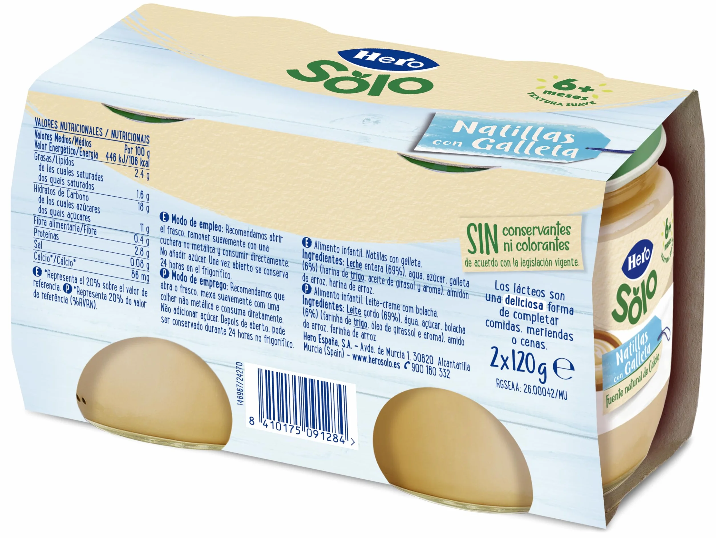 Hero Solo Tarrinas de Natillas con Galleta, Fuente Natural de Calcio, Sin Aceite de Palma, 6 Packs de 2x130gr