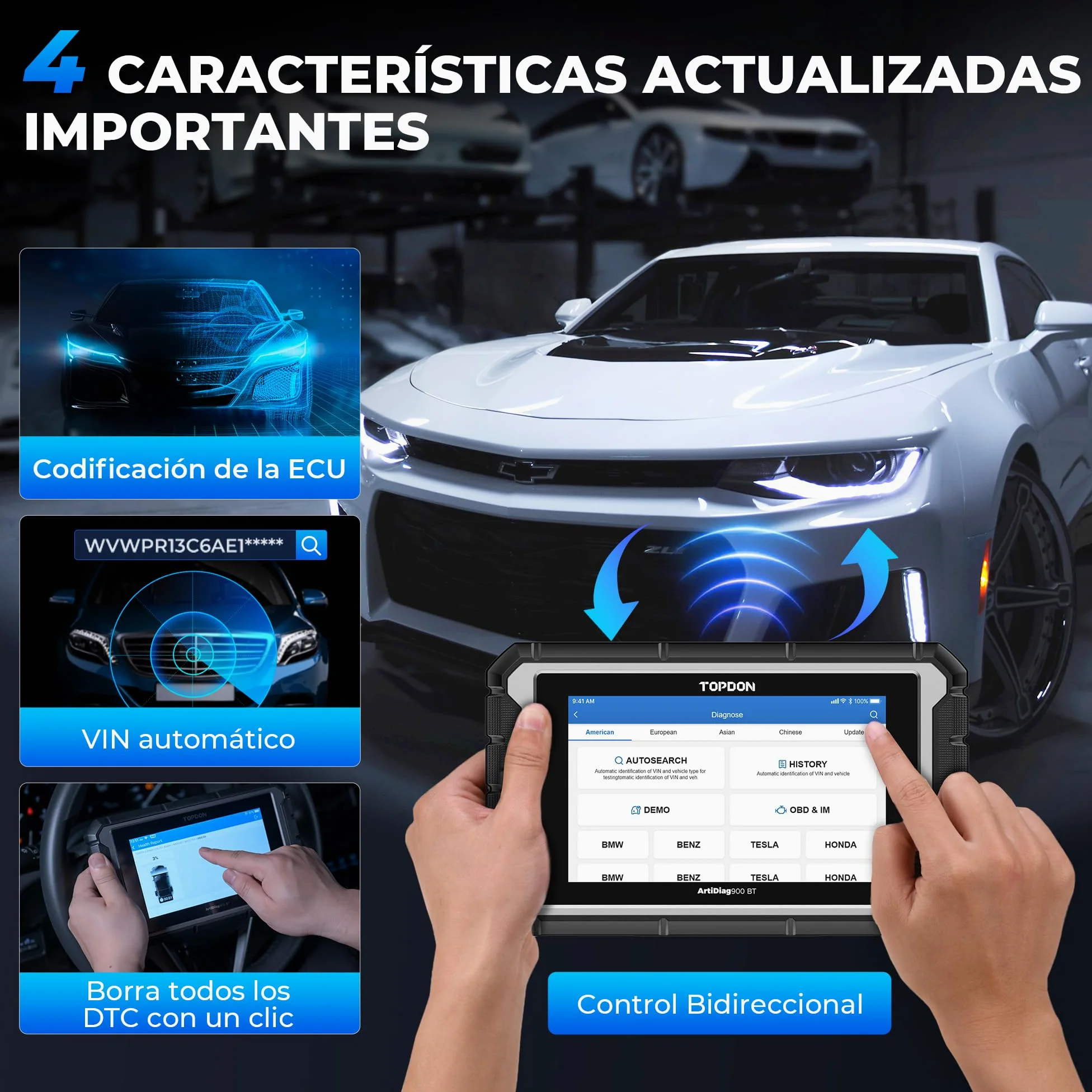 TOPDON OBD2 Diagnosis Coche AD900BT, Codificación ECU, Control Bidireccional, 28+ Servicios, Escáner de Sistema Completo, para Todos los Vehículos con FCA, 2 Años de Actualizaciones Gratuitas