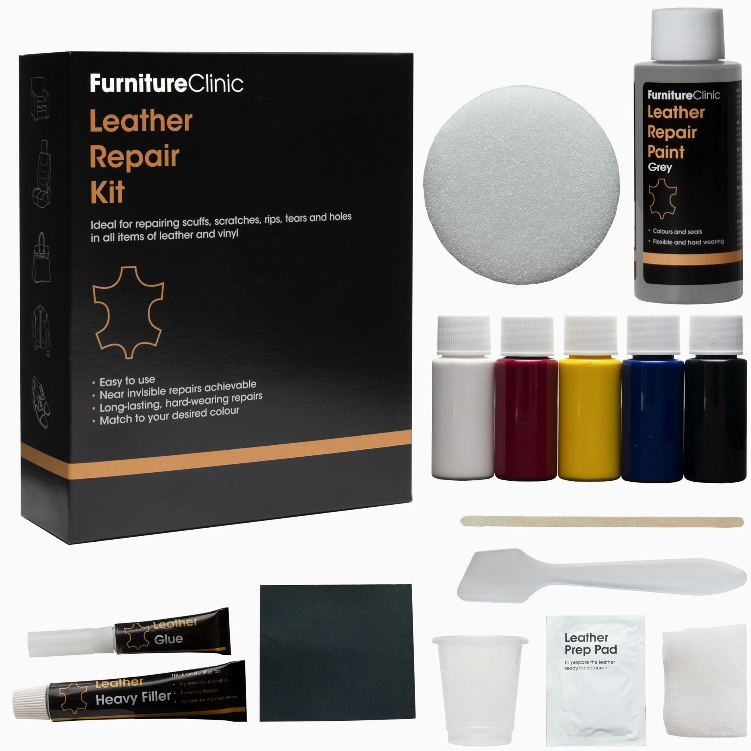 Furniture Clinic Kit Completo de Reparación de Cueros - 12 Opciones de Colores para Sofás, Asientos de Coche - Remienda, Rellena y Retoca Arañazos, Desgarros y Otras Áreas Dañadas (Gris)