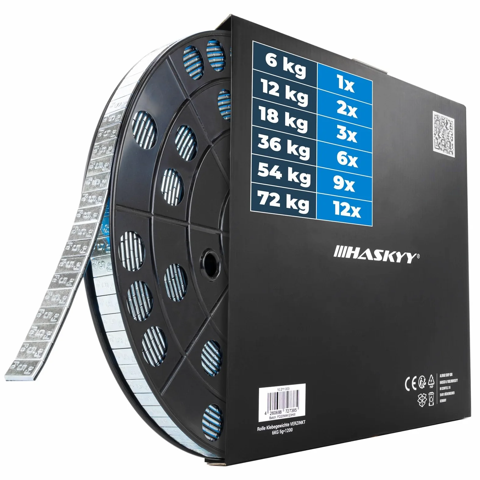 HASKYY Rollo de 54 kg de peso adhesivo, 10.800 x 5 g, barras adhesivas galvanizadas con borde de demolición, pesos de equilibrio para llantas de acero y llantas de aleación, con revestimiento de