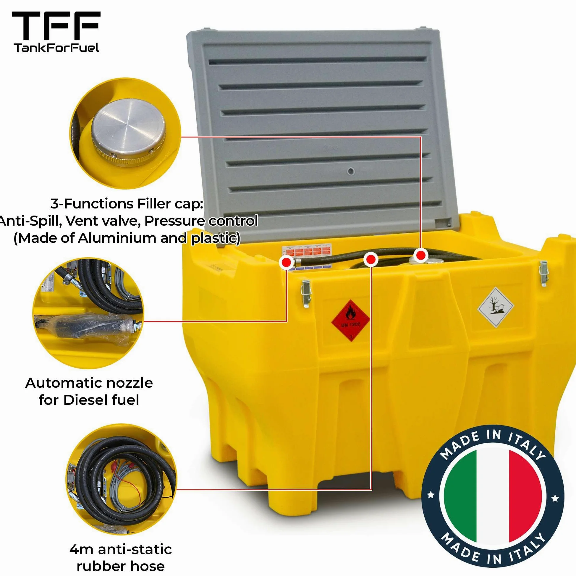 TFF Deposito Gasoil Portátil 440 Litros Bomba 12V DC 40 l/min Depósito Gasoil PickUp Manguera 4m Pistola Automática