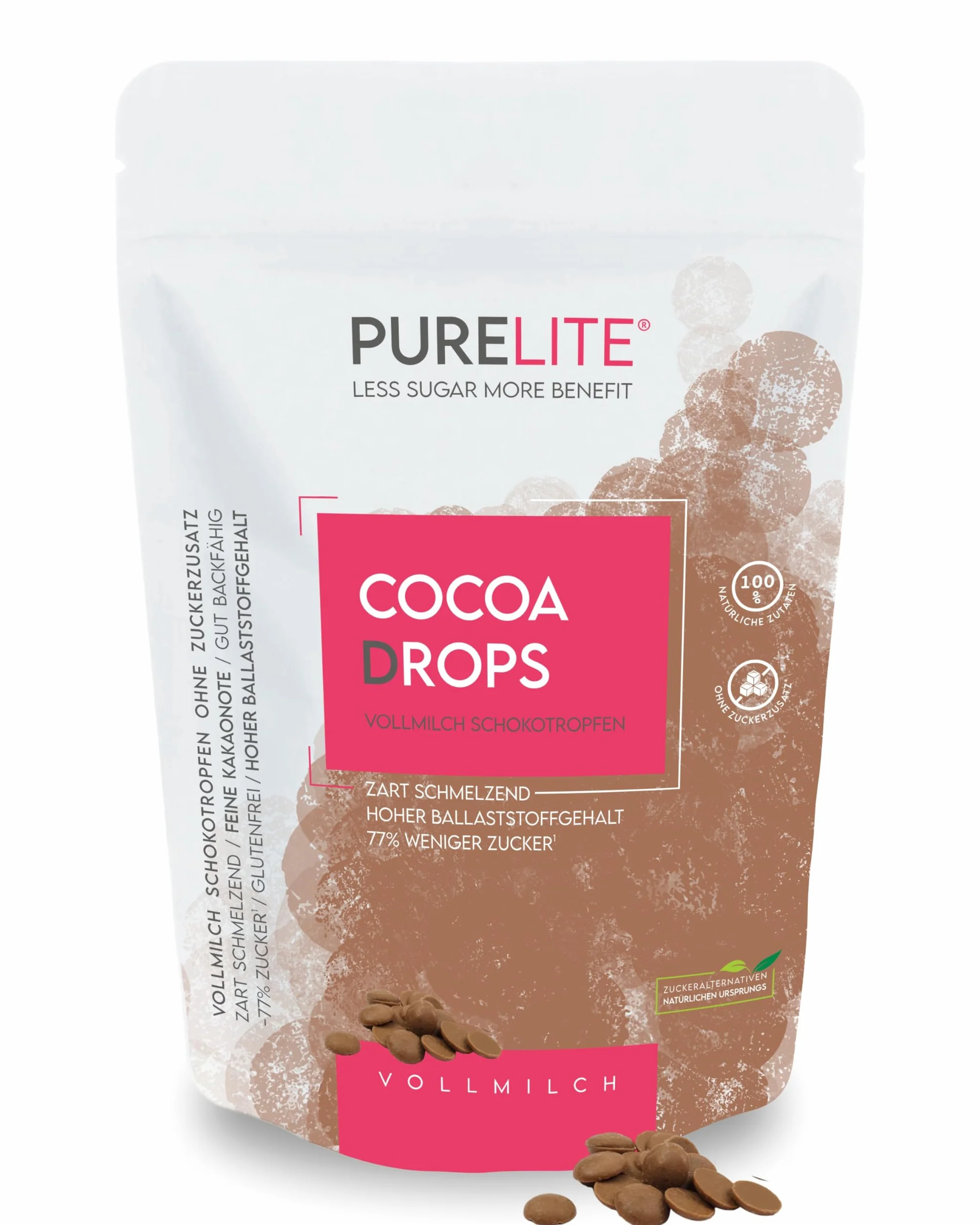PURELITE Cocoa Drops chocolate con leche 450g sin azúcares añadidos eritritol stevia 77% menos azúcar