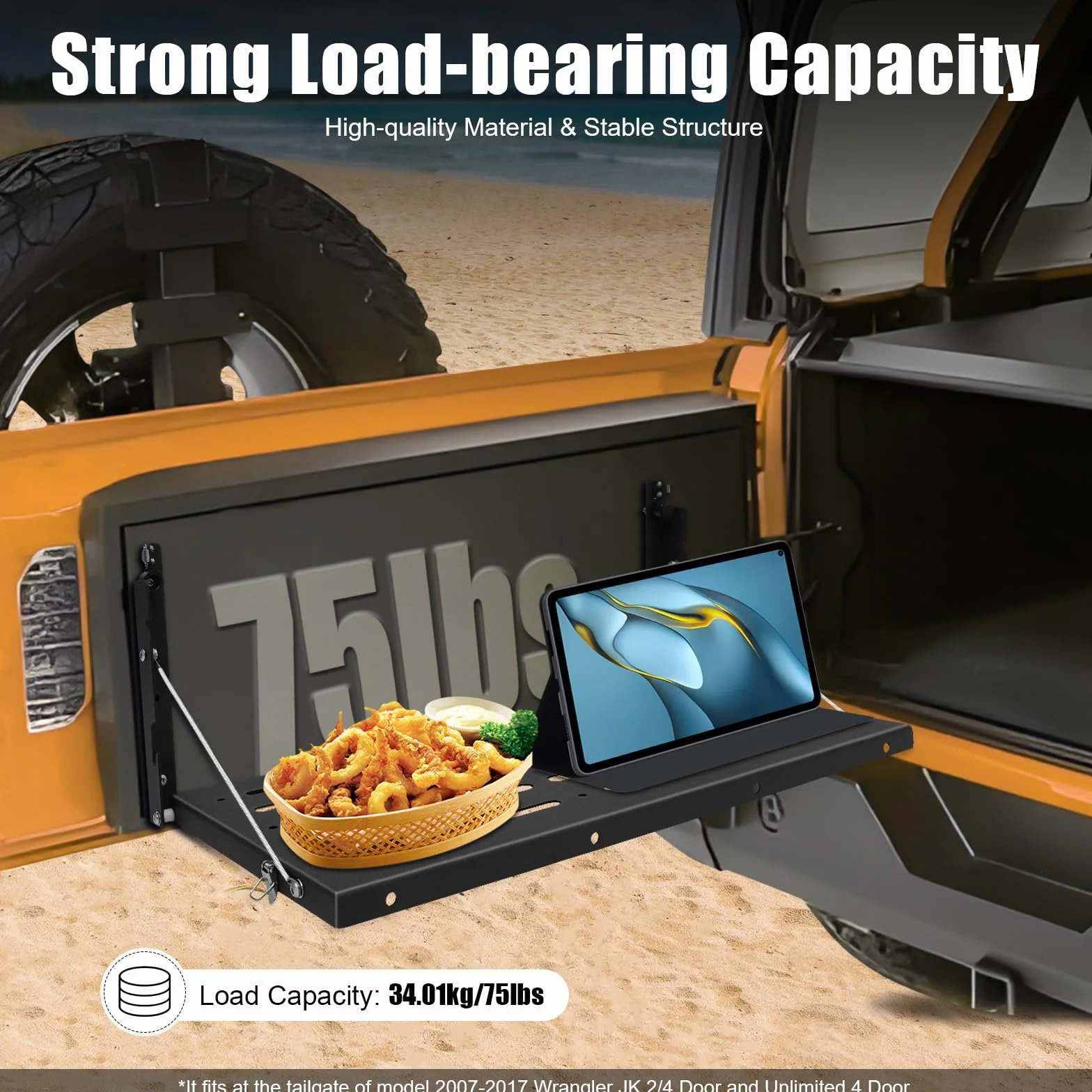 Mesa plegable para Jeep Wrangler JK 2007-2017 | Mesa de portón trasero | Estructura de acero con capacidad de carga de 34 kg | Ahorra espacio plegable | Ideal para camping y viajes por