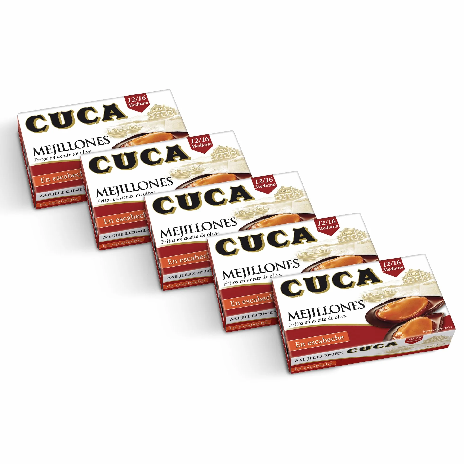 Mejillones Cuca en escabeche 5 latas 115gr pack 12/16 piezas tamaño mediano