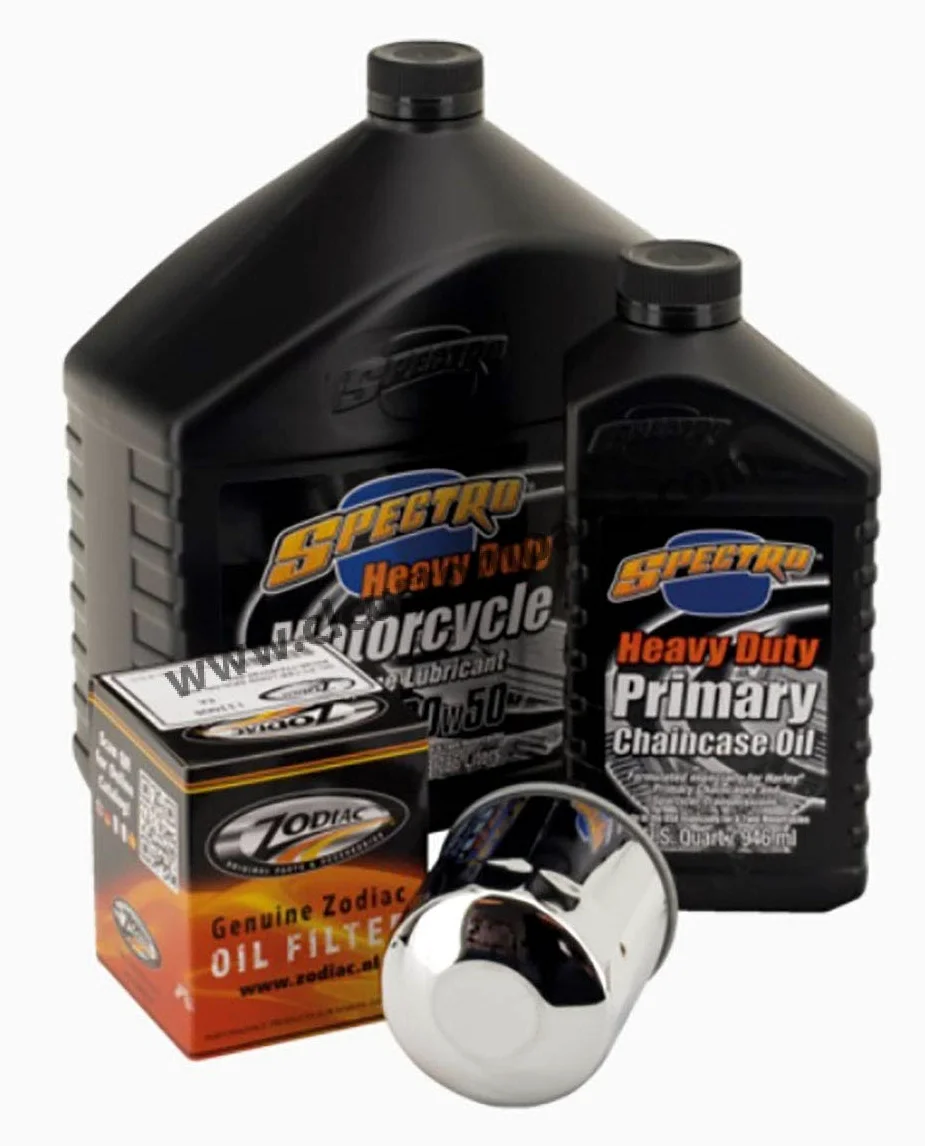 Kit de Revisión Spectro Aceite de Motor 20W-50 + Primaria + Cambio + Filtro de Aceite Cromado para Harley Sporster desde 1984 hasta hoy
