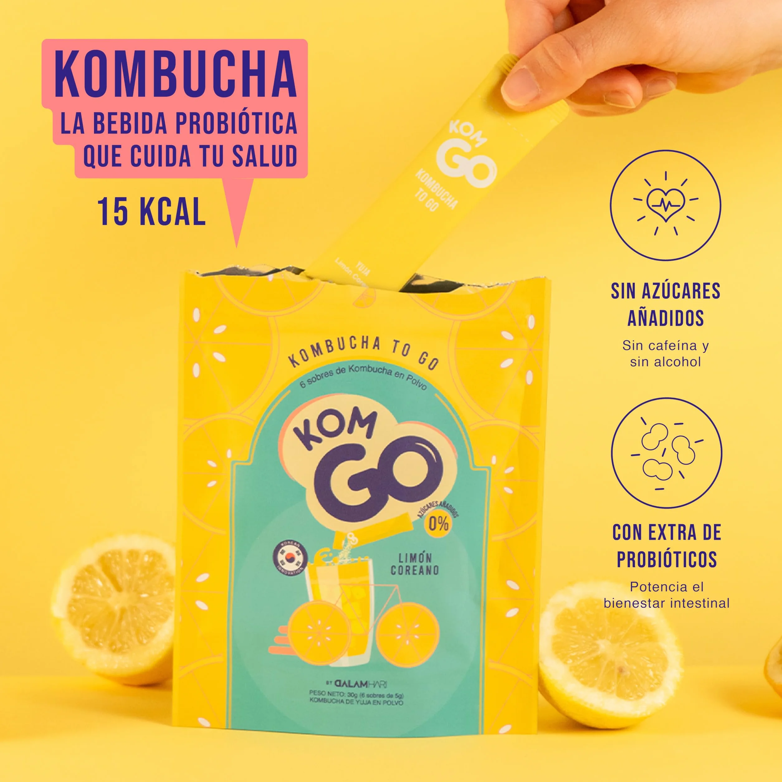 KOMGO Kombucha en Polvo Bebida Instantánea con Probióticos y Antioxidantes 15 Kcal Limón Coreano