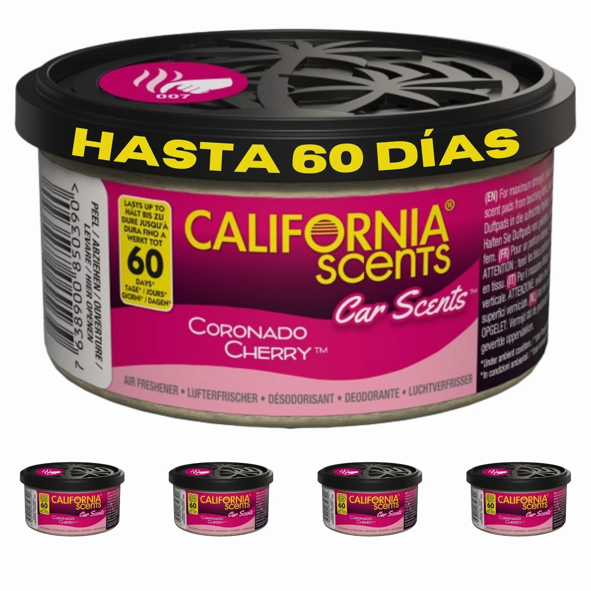 California Scents Ambientador de Coche en Lata - 4 Pack - Fragancia Duradera de Cereza (hasta 30 Días) - Control de Intensidad de Olor para un Ambiente Fresco y Personalizado en tu Coche, 42g