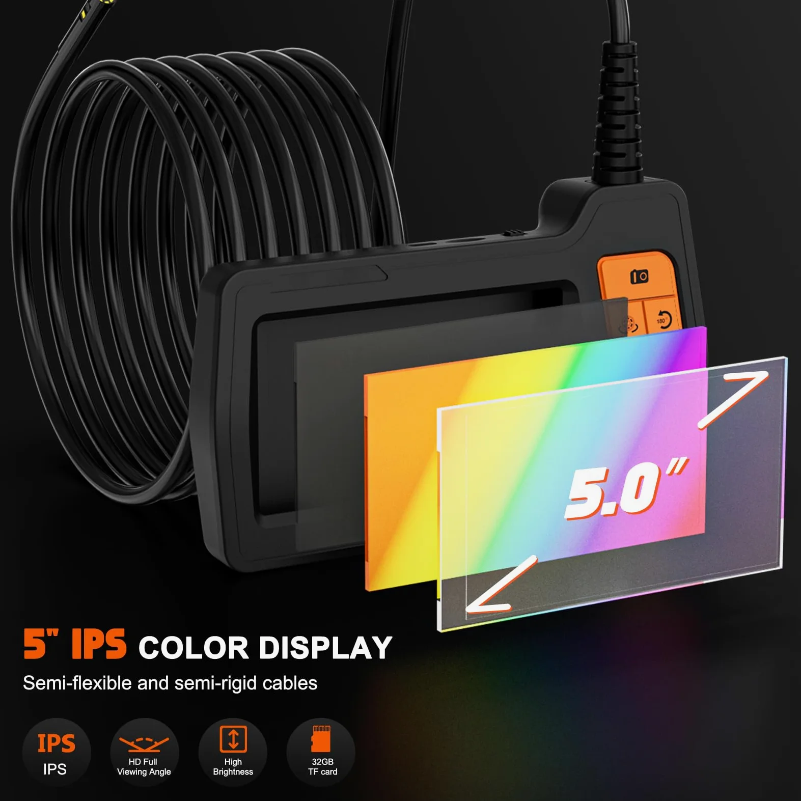 Endoscopio Industrial de Triple Lente, Cable de 15m de Serpiente Flexible con 8 más 2 Luces LED, 5" Pantalla IPS Cámara de Inspección, 1080P Cámara Inspección Tuberias para Auto, Fontanería