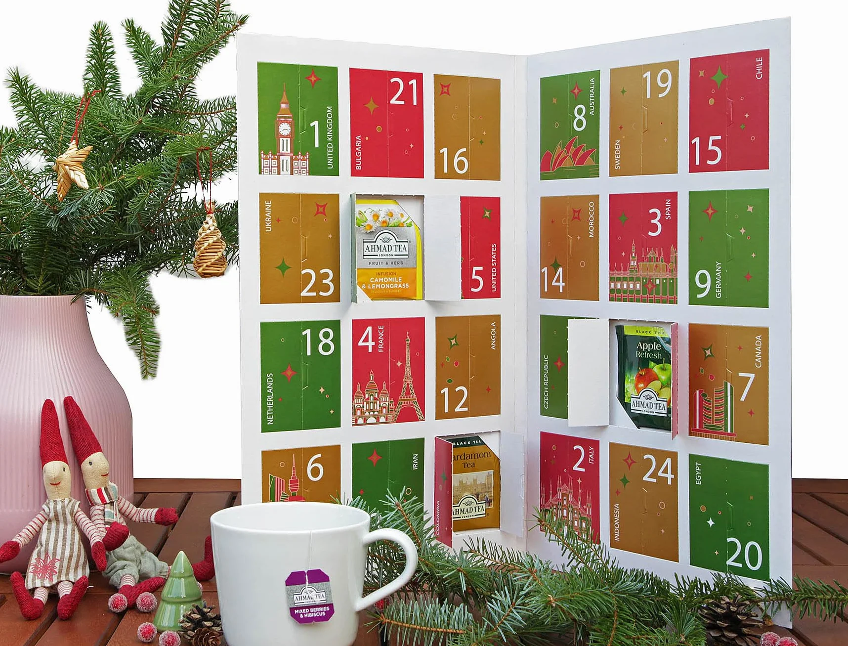 Ahmad Tea Té Calendario de Adviento 2025 - Calendario de Escritorio Plegable - 24 Bolsitas de Té Diferentes - 46,8g