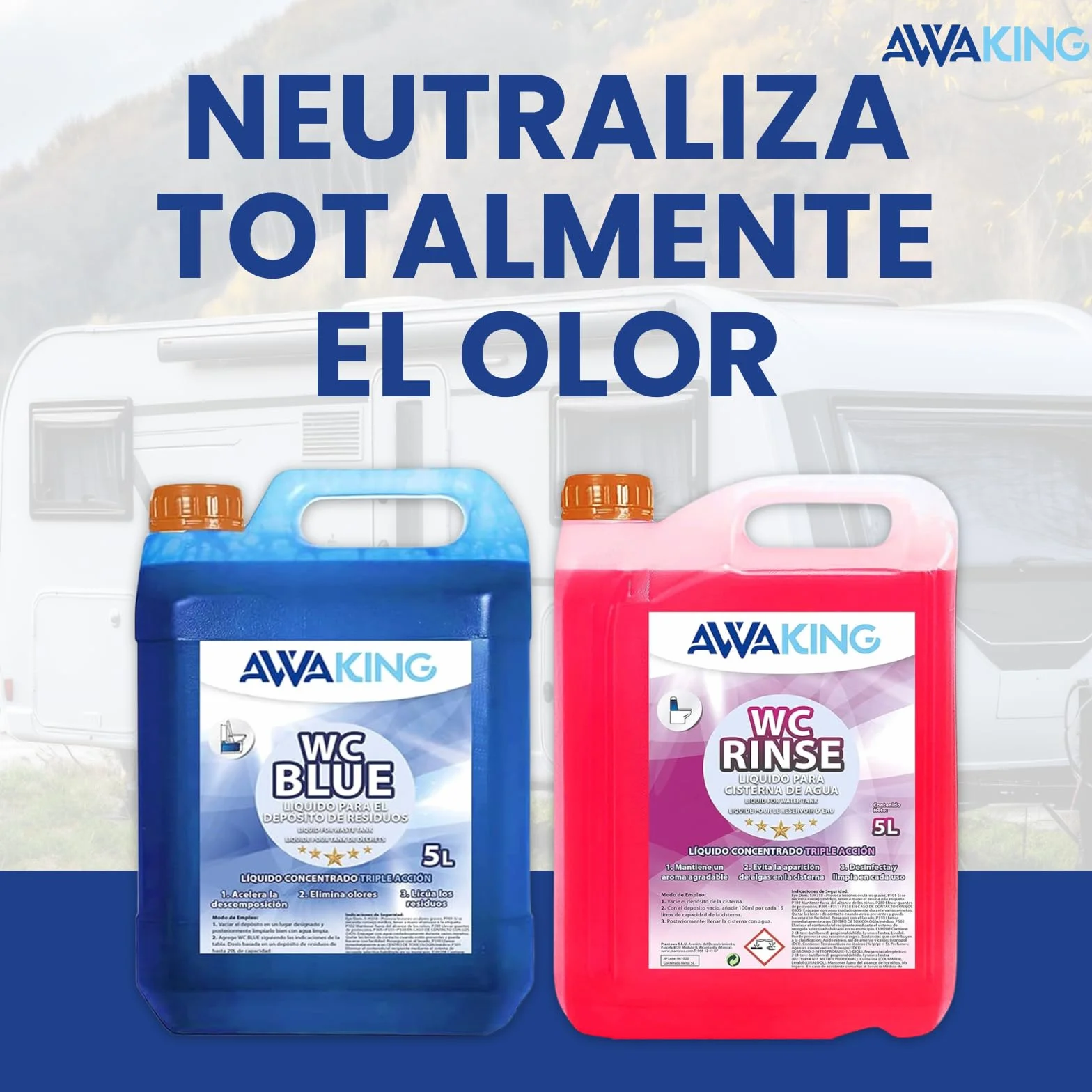Liquido WC Quimico Caravana WC Blue 5L + Rinse 5L,Liquido Autocaravanas Aditivo Aguas Negras + Concentrado Taza WC Cisterna,Caravanas,Depósito Residuos Autocaravanas,Sanitary Fluid,Líquido Potty
