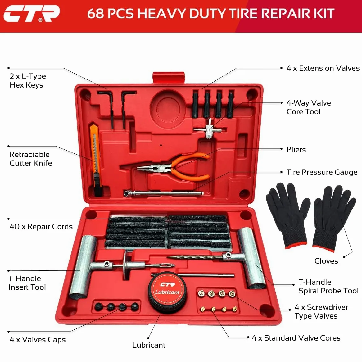 CTR Heavy Duty Tire Plug Kit - 68pcs All-in-One Universal Tire Repair Kit with Plugs, Professional Tools for Tubeless Tyre Flats for Cars, Truck, RV, SUV, ATV, Motorcycle, Tractor, Trailer - GE0001