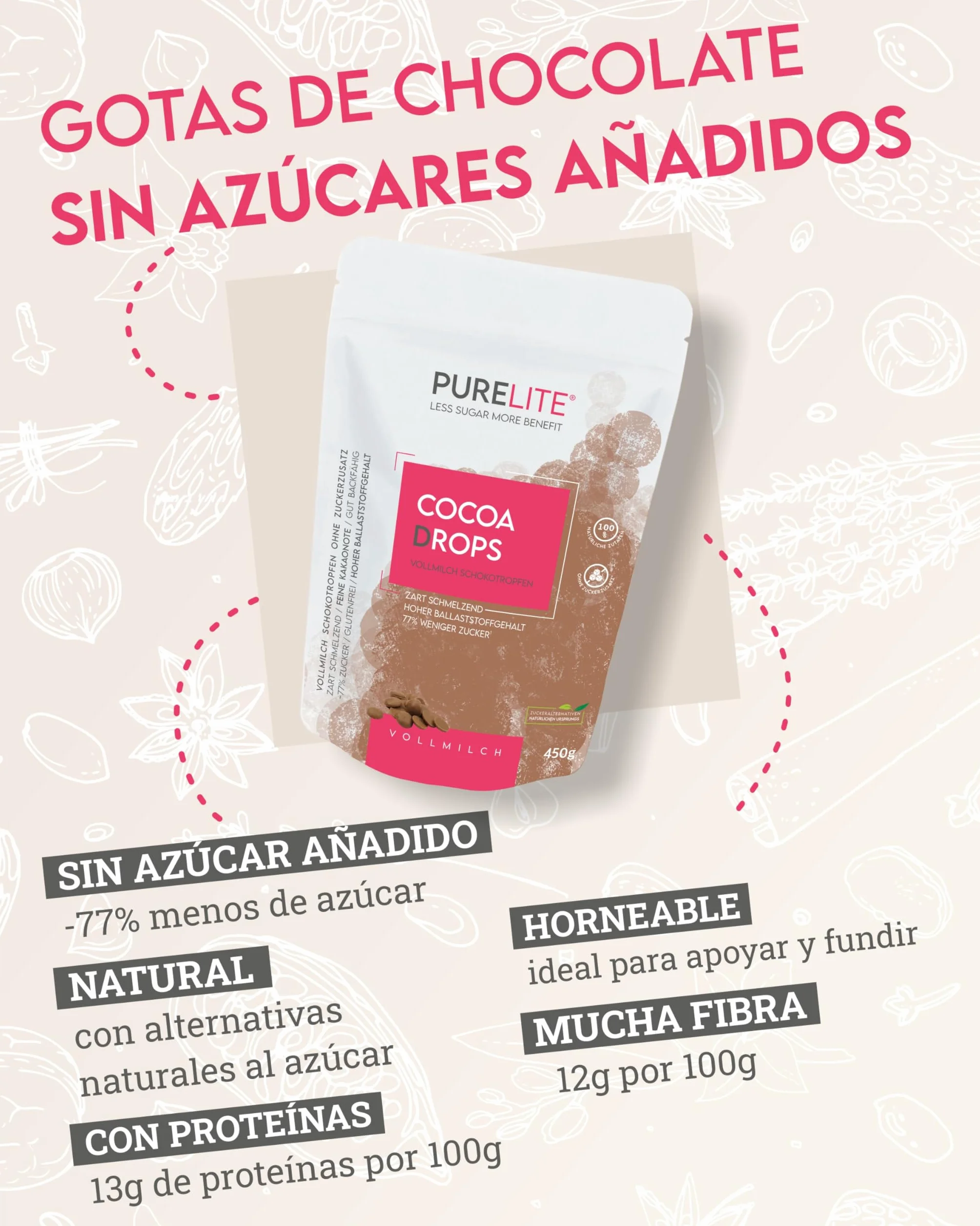 PURELITE Cocoa Drops chocolate con leche 450g sin azúcares añadidos eritritol stevia 77% menos azúcar