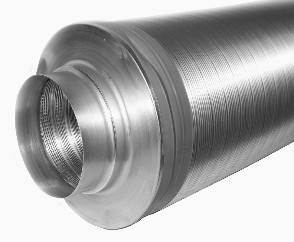 Silenciador de telefonía, 25 mm y 50 mm de aislamiento, flexible L = 1000 mm DN: 80 100 125 150 160 180 200 mm Tubo Silenciador, plateado