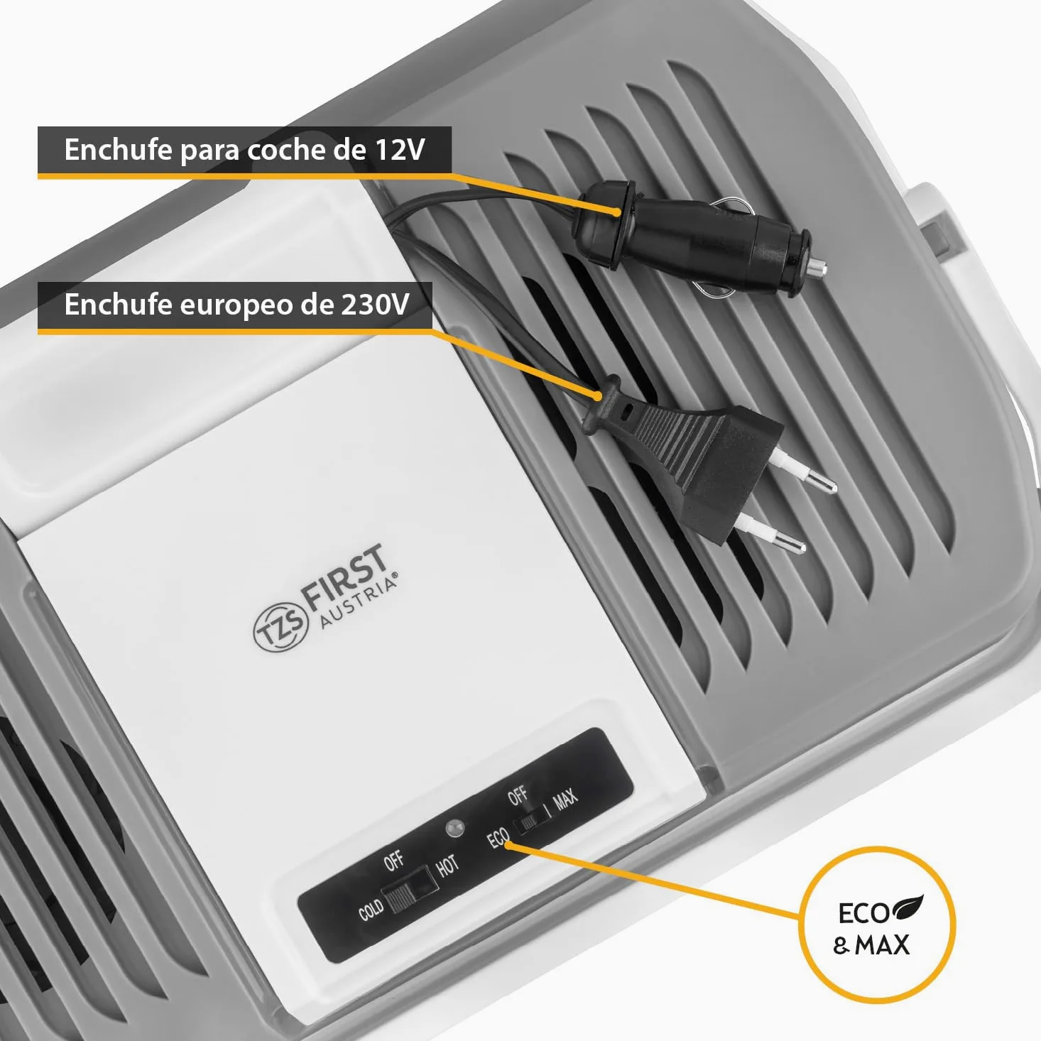 TZS First Austria - Nevera portátil 24L eléctrica 12V 230V enchufe para coche y estándar - Frigorífico termoeléctrico enfría y calienta - Coolbox con asa - Para camping, festivales, viajes - Gris