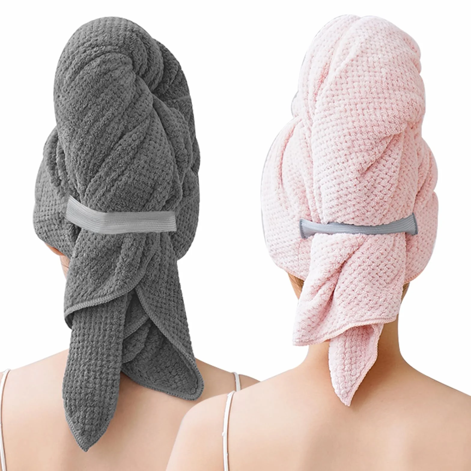 Toalla de Pelo de Microfibra Grande 103 x 60 cm, Turbante de Secado Rápido Superabsorbente con Banda Elástica
