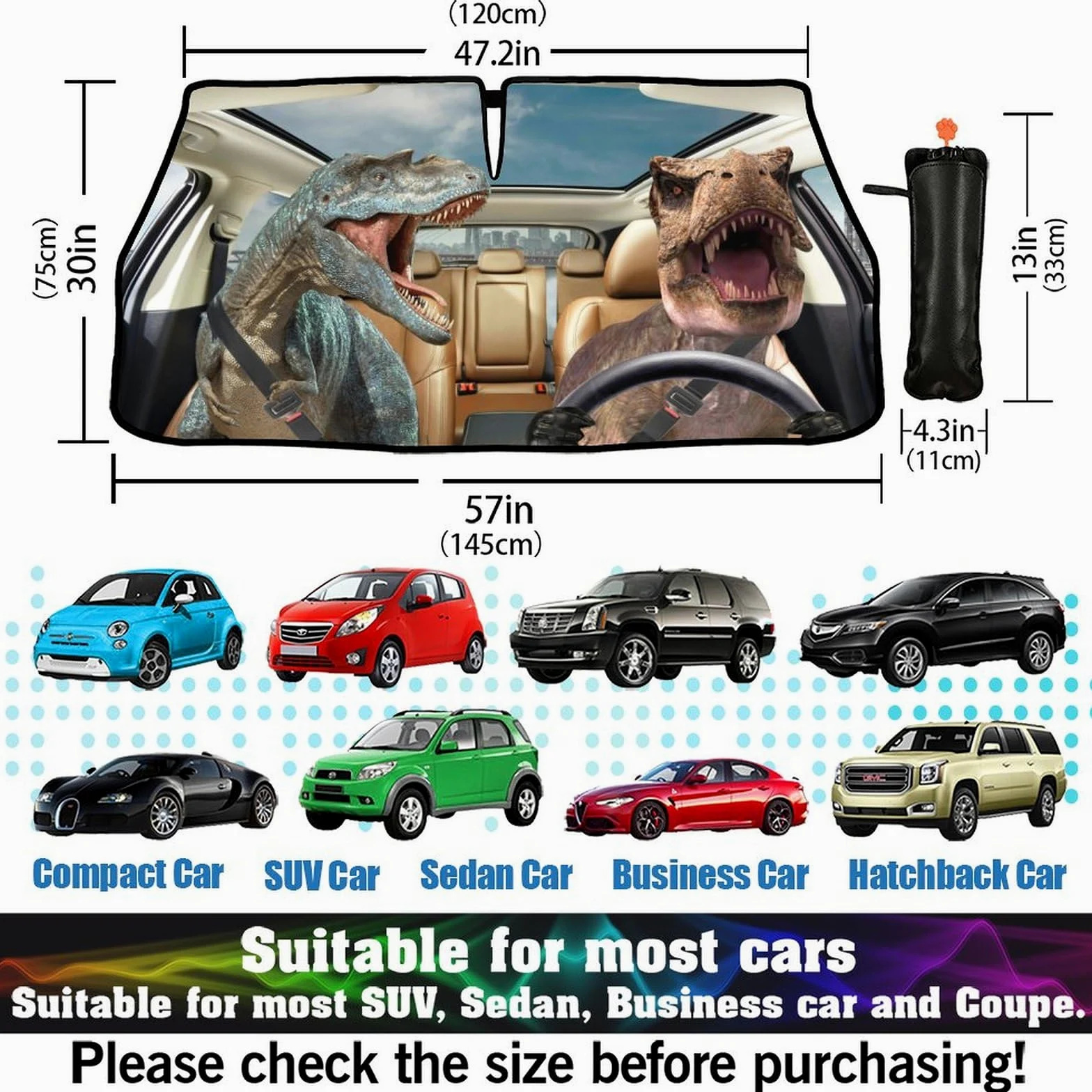 Socira Parasol plegable para parabrisas de automóvil, diseño de dinosaurio, parasol divertido, parasol para ventana delantera, accesorios de coche de dinosaurio, bloquea los rayos UV (57 x 30