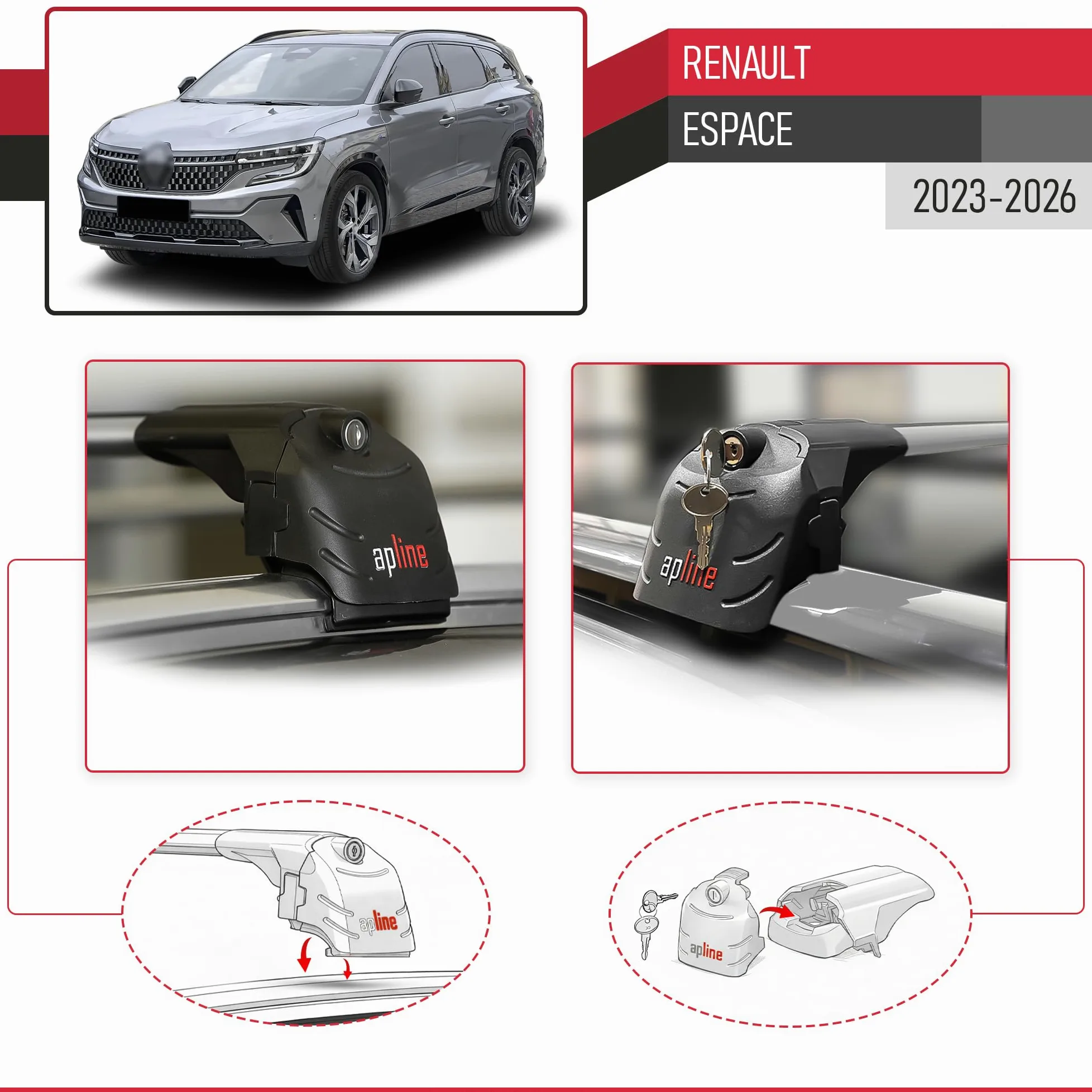 Compatible con Renault Espace 2023-2026 Modelo Ace-2 Barra de Techo Auto Portaequipajes Barras Transversales Gris Aluminio 2 Barras