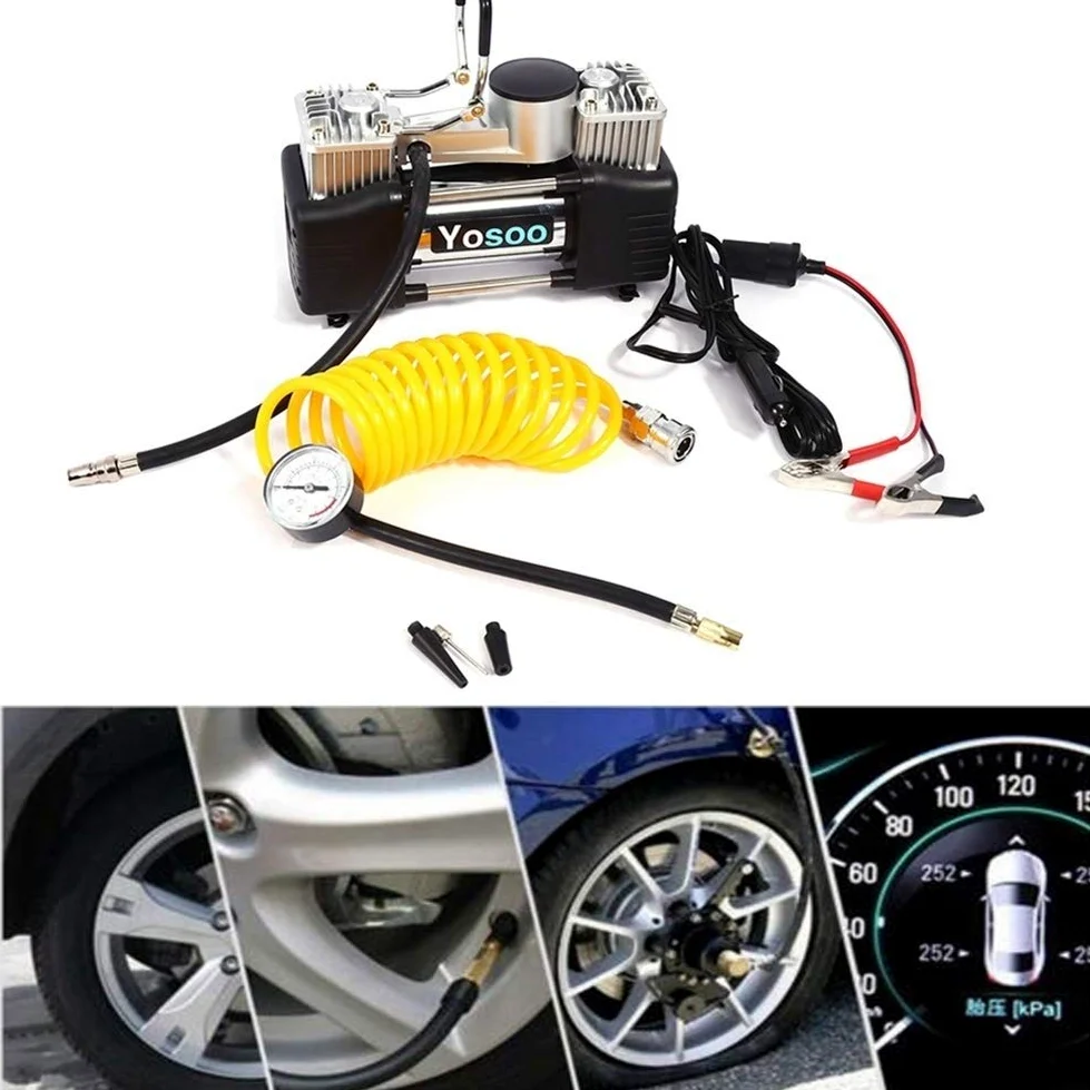 Wakects Compresor de Aire Eléctrico Portátil, Doble Bomba de Cilindro, con 3 Adaptadores de Boquilla, para Sedán, Camión, Bicicleta Motorizada