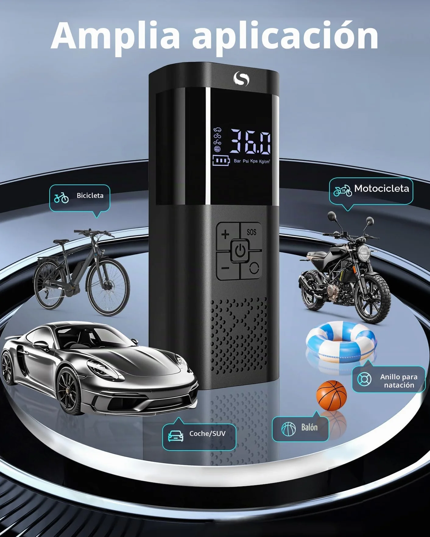 Compresor Aire Portatil, Inflador Ruedas Coche, Mini Compresor Aire Coche con Manómetro, 150PSI Inflador Electrico, Accesorios Coche, con Luz LED para Coche Moto Bicicleta Bola