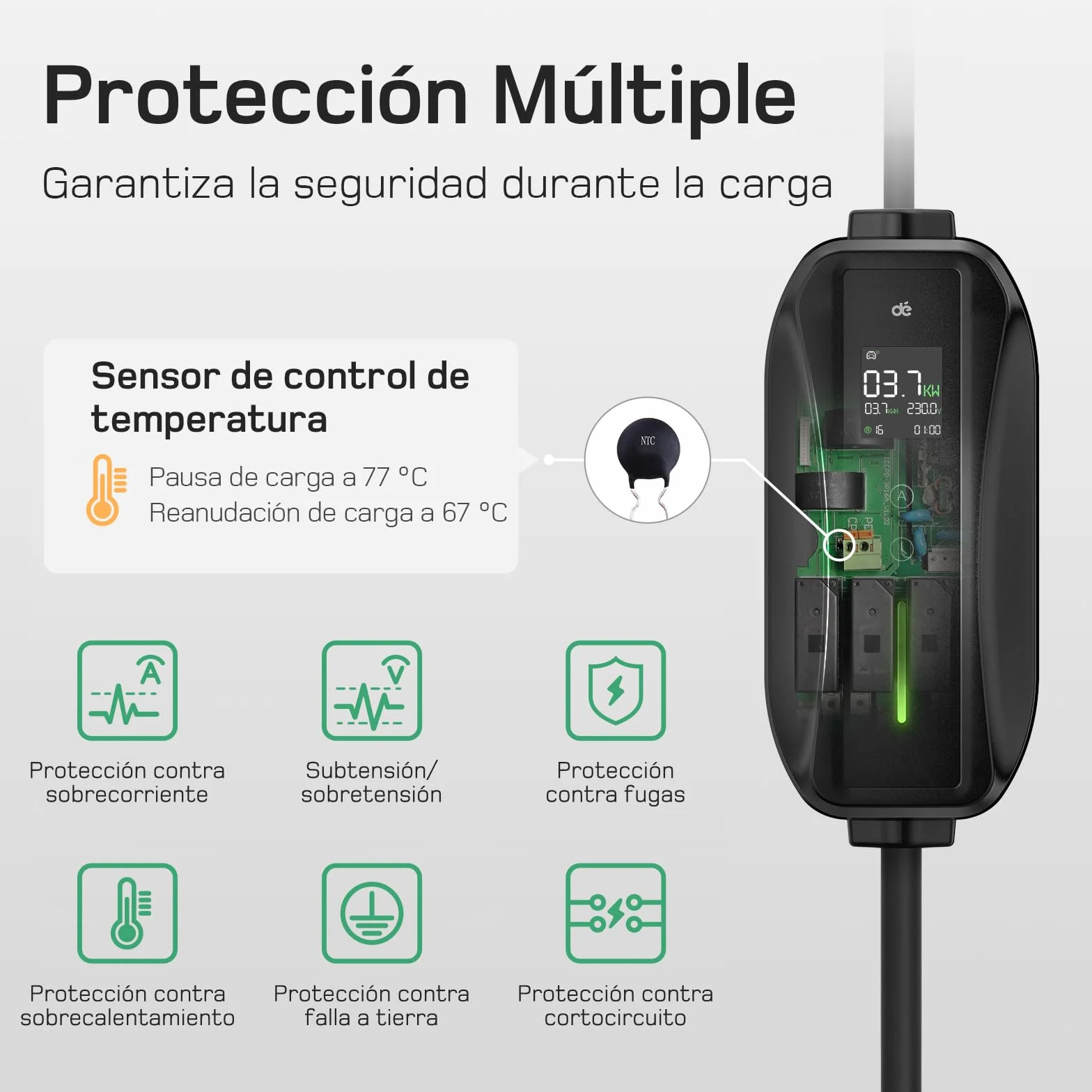 Cargador Coche Electrico 6m Tipo 2 Portatil 3,7kW 6-16A con Enfuse Schuko para Model Y/3 y BEV/PHEV