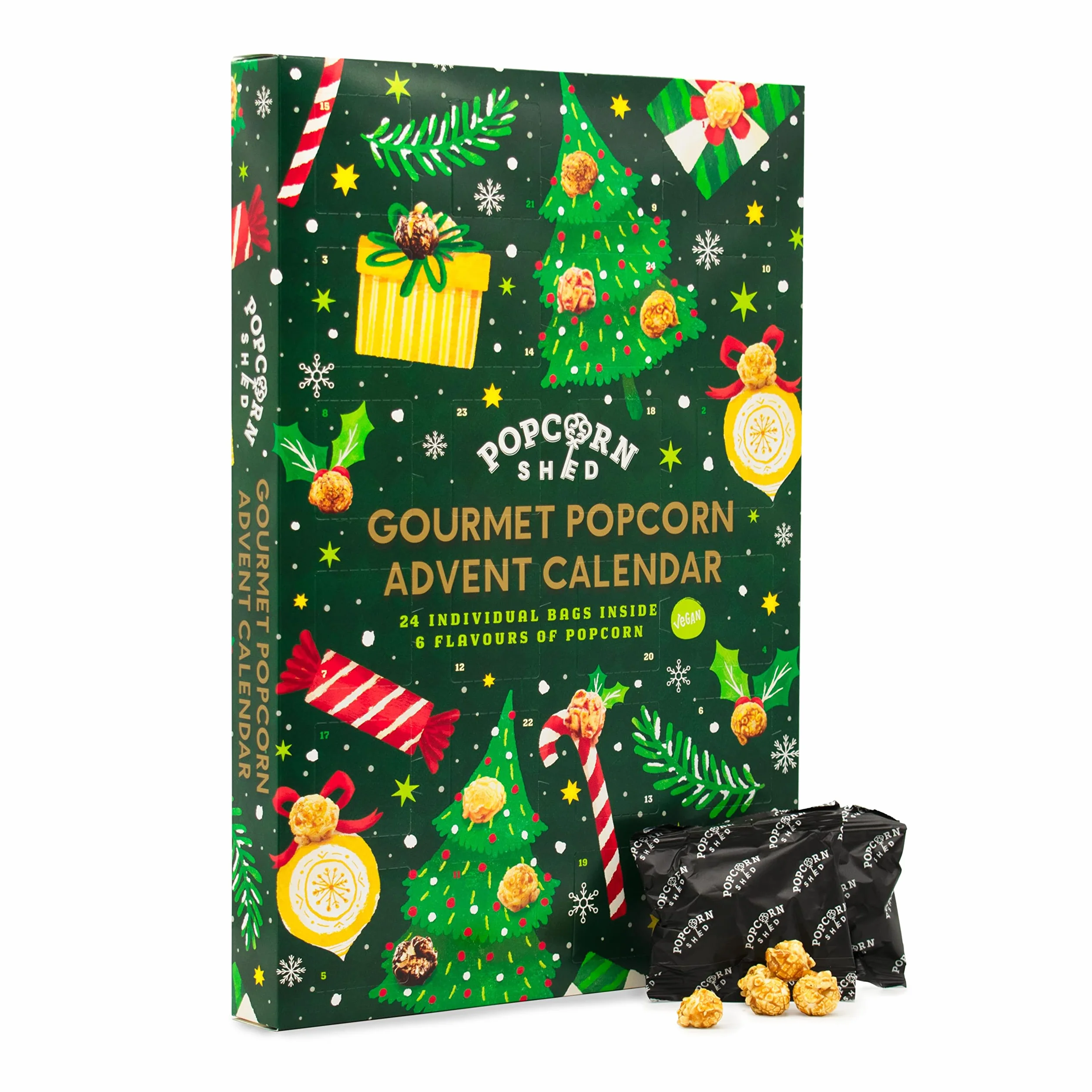 Popcorn Shed Calendario de Adviento Navidad 2025 24 días palomitas 6 sabores gourmet vegano sin gluten