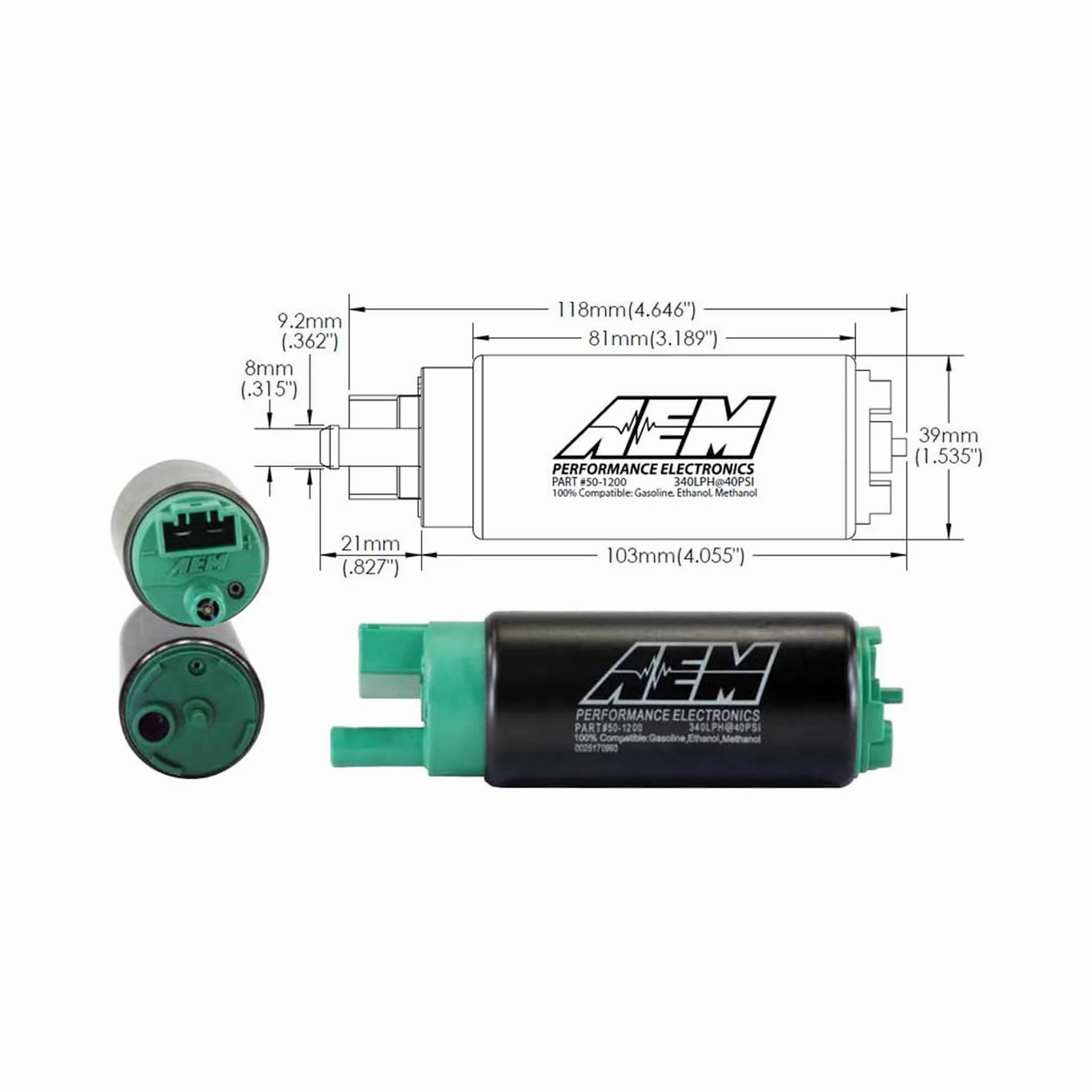 AEM Bomba de combustible 50-1200 para combustibles de etanol E100 y metanol M100, verde