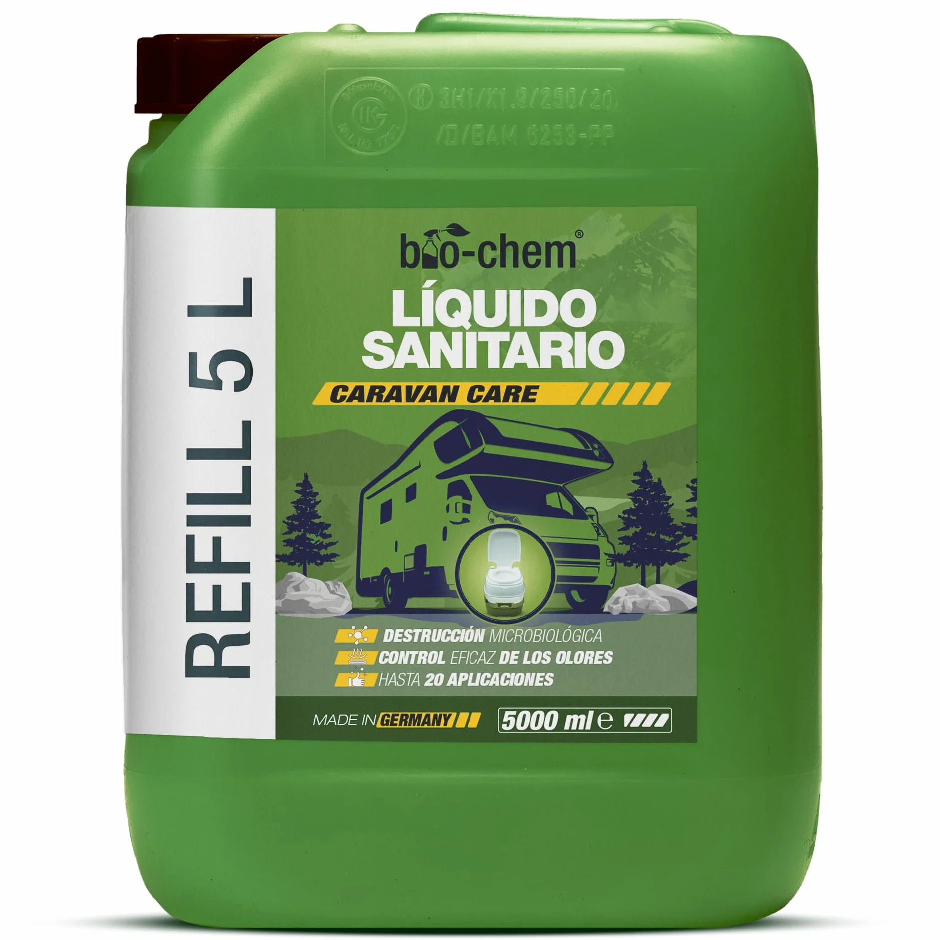 Bio-Chem - Líquido Sanitario 5L Nueva fórmula con microorganismos para WC químicos de caravanas - Aditivo Sanitario Concentrado para WC portátiles de Camping - Vaso medidor Incluido