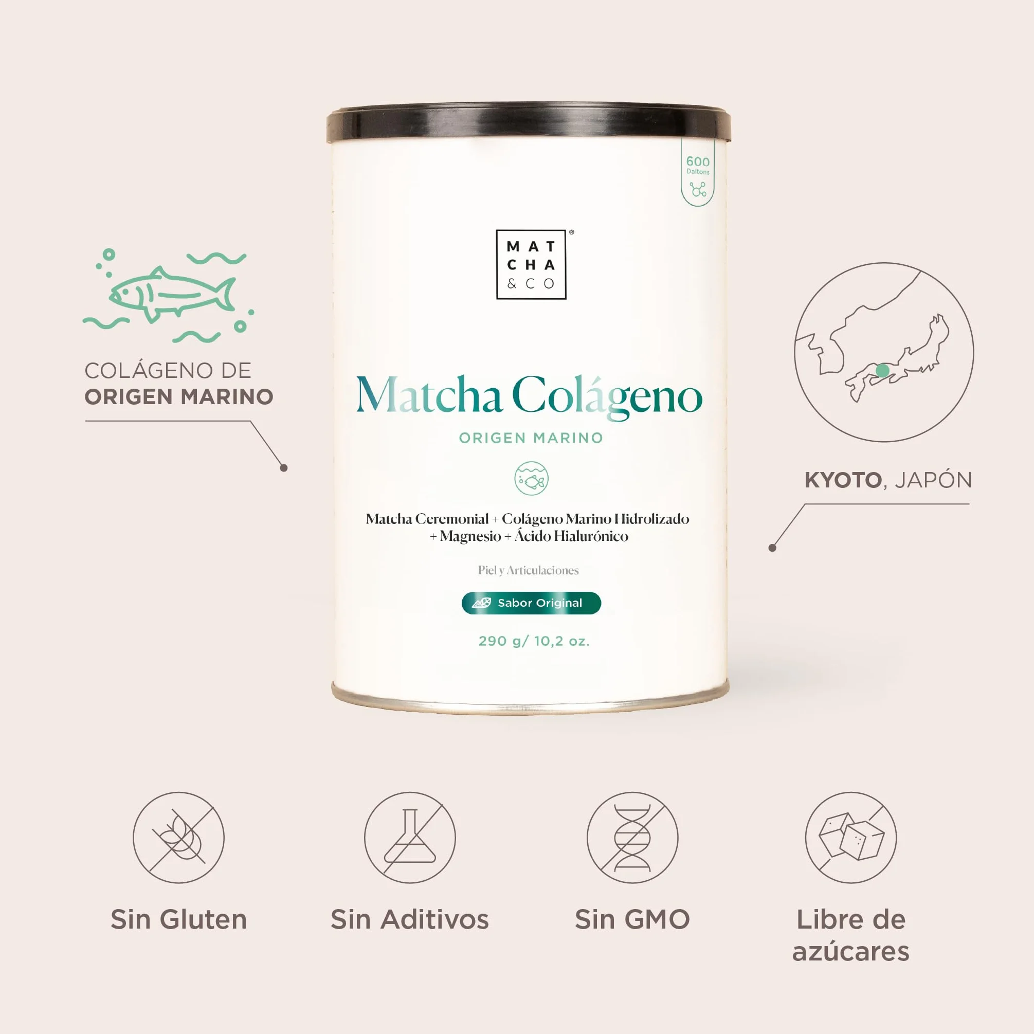 Matcha Collagen Colágeno Marino con Magnesio, Té Matcha y Ácido Hialurónico 290 g