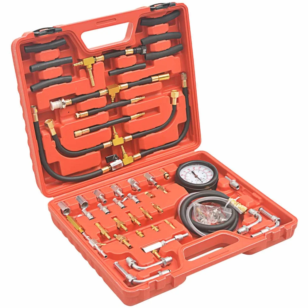 Kit de medidor de presión para inyección de combustible con manómetro, adaptador, manguera, maletín, para coche, camión, sistema de inyección de gasolina, 140 PSI, herramienta duradera